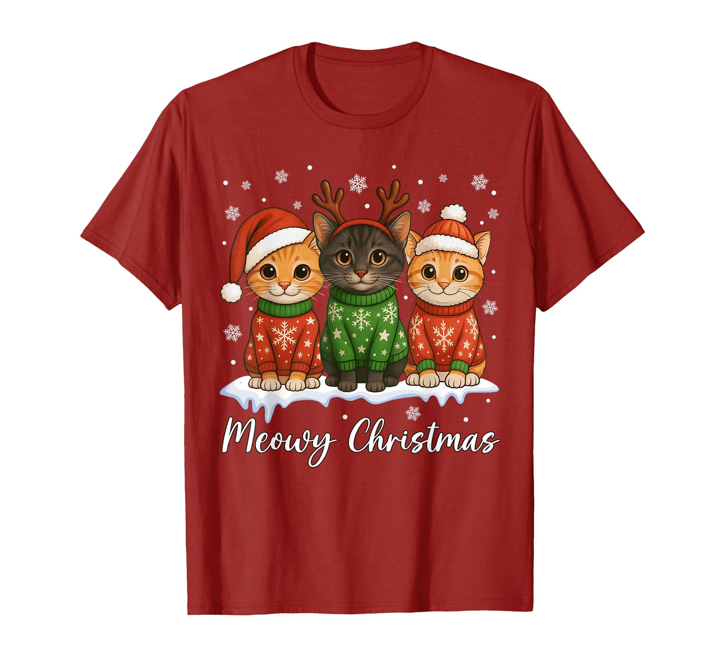Cat Christmas Light Reindeer Santa Christmas Cat Lover T-Shirt