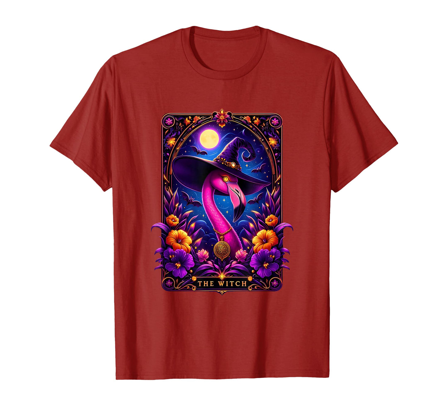 Witch Flamingo Tarot Card Halloween Gothic Art T-Shirt