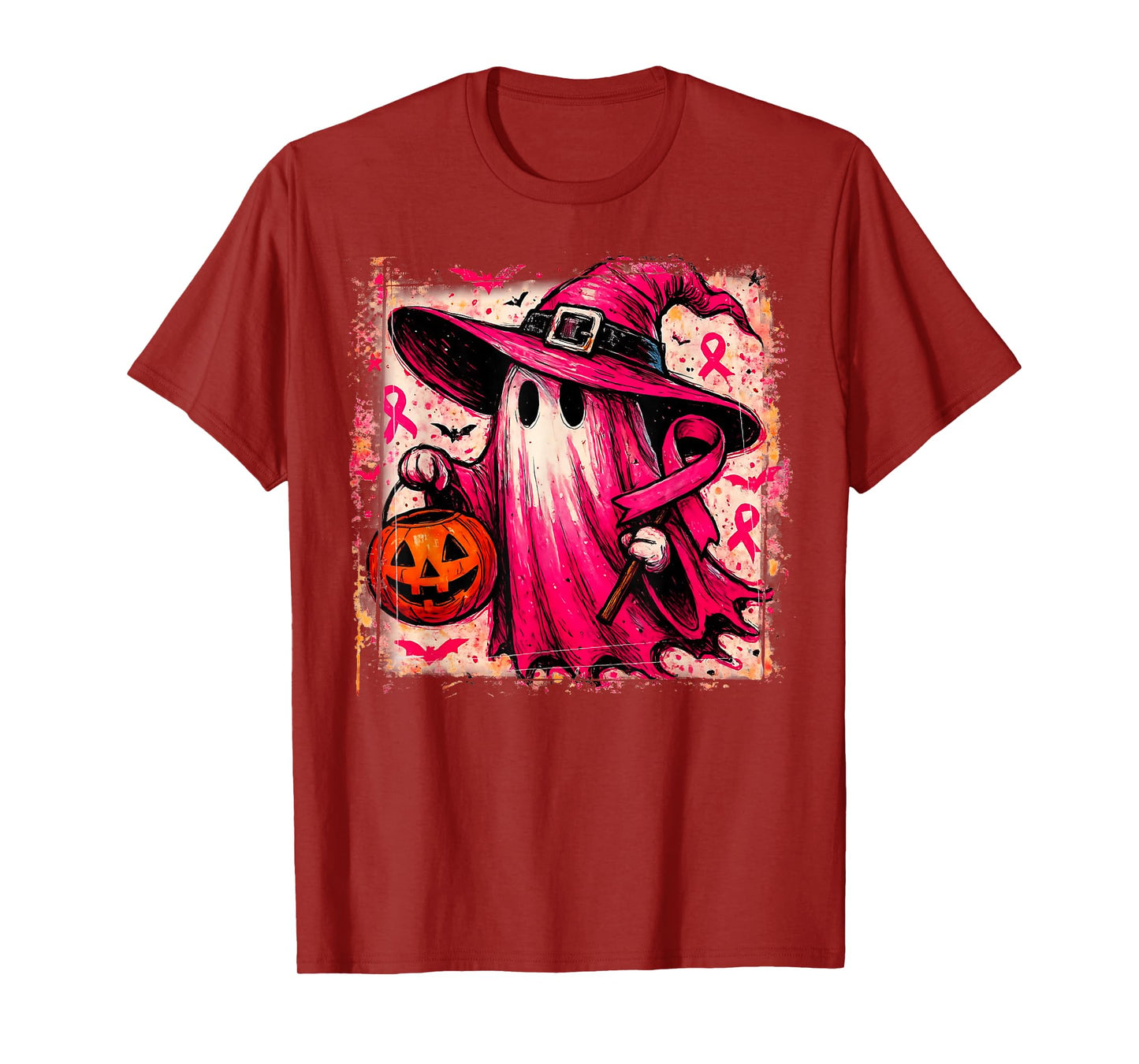 in October We Wear Pink Ghost Witch Breast Cancer Awareness T-Shirt