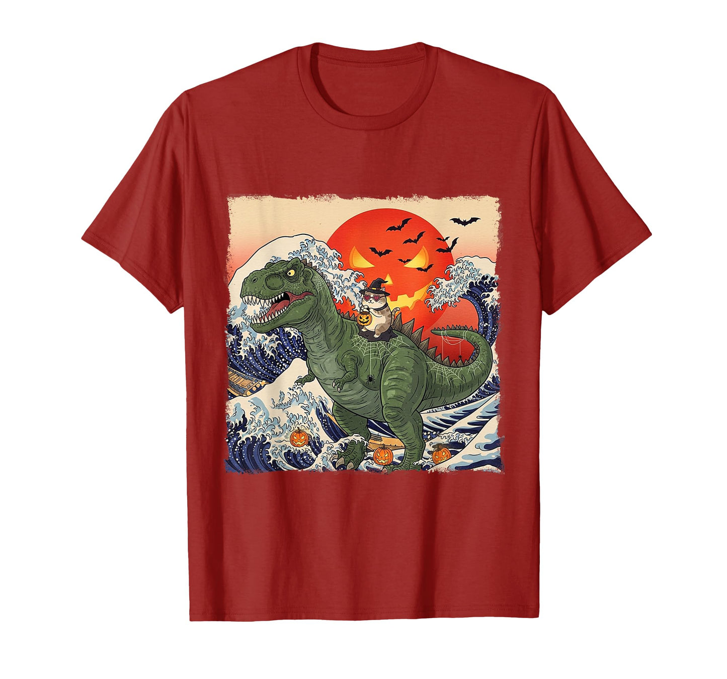 Funny Halloween Witch Cat Riding Dinosaur T-rex Ukiyo-e Wave T-Shirt