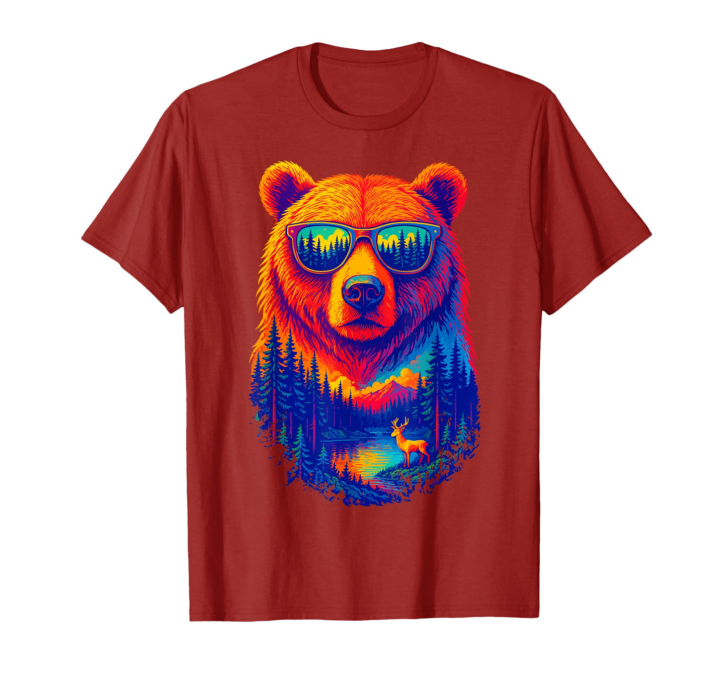 Bear Sunglasses Wildlife Deer Campfire Nature Vintage Forest T-Shirt