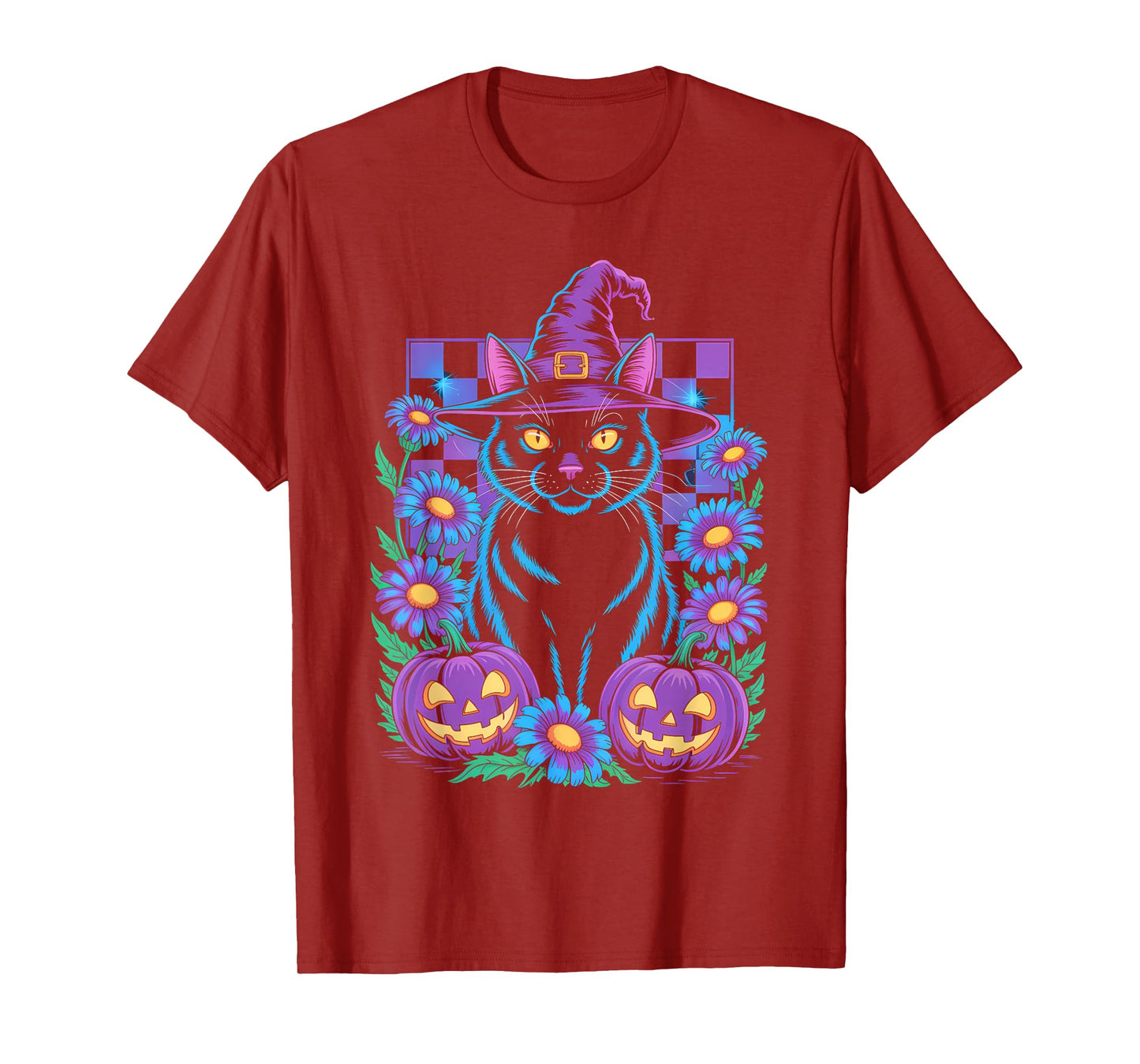 Retro Floral Checkered and Witch Cat with Pumpkins Halloween T-Shirt