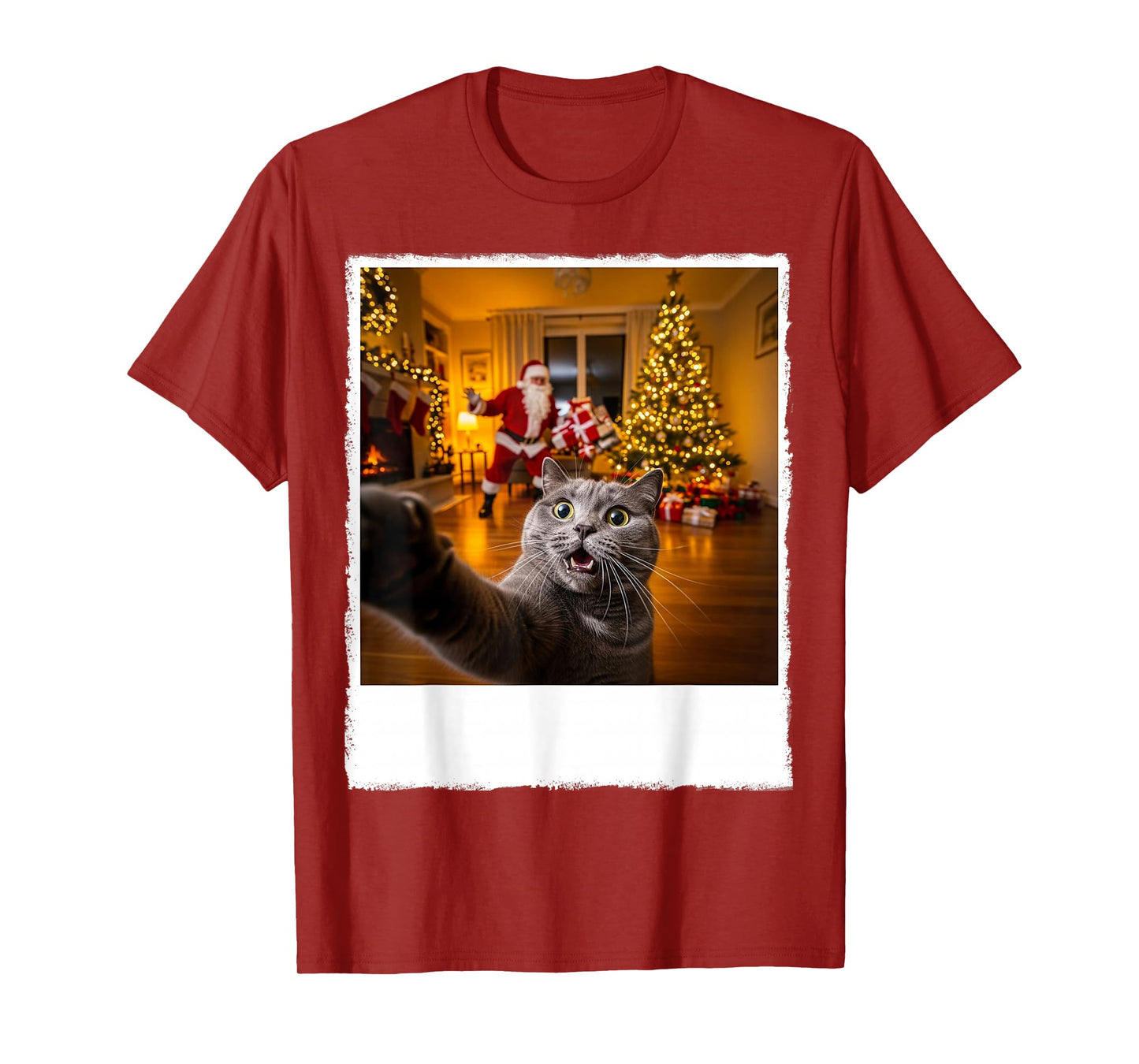 Cute Grey Cat Selfie with Santa Claus Gifts Christmas Tree T-Shirt