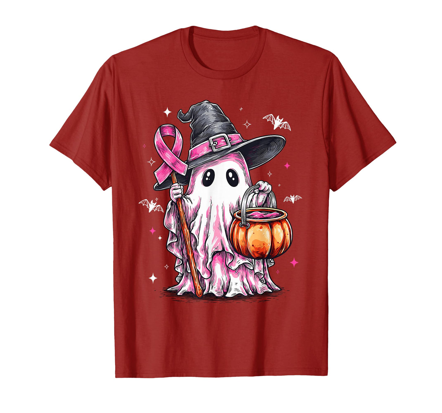 Retro Pink Ghost Witch Halloween Breast Cancer Awareness T-Shirt