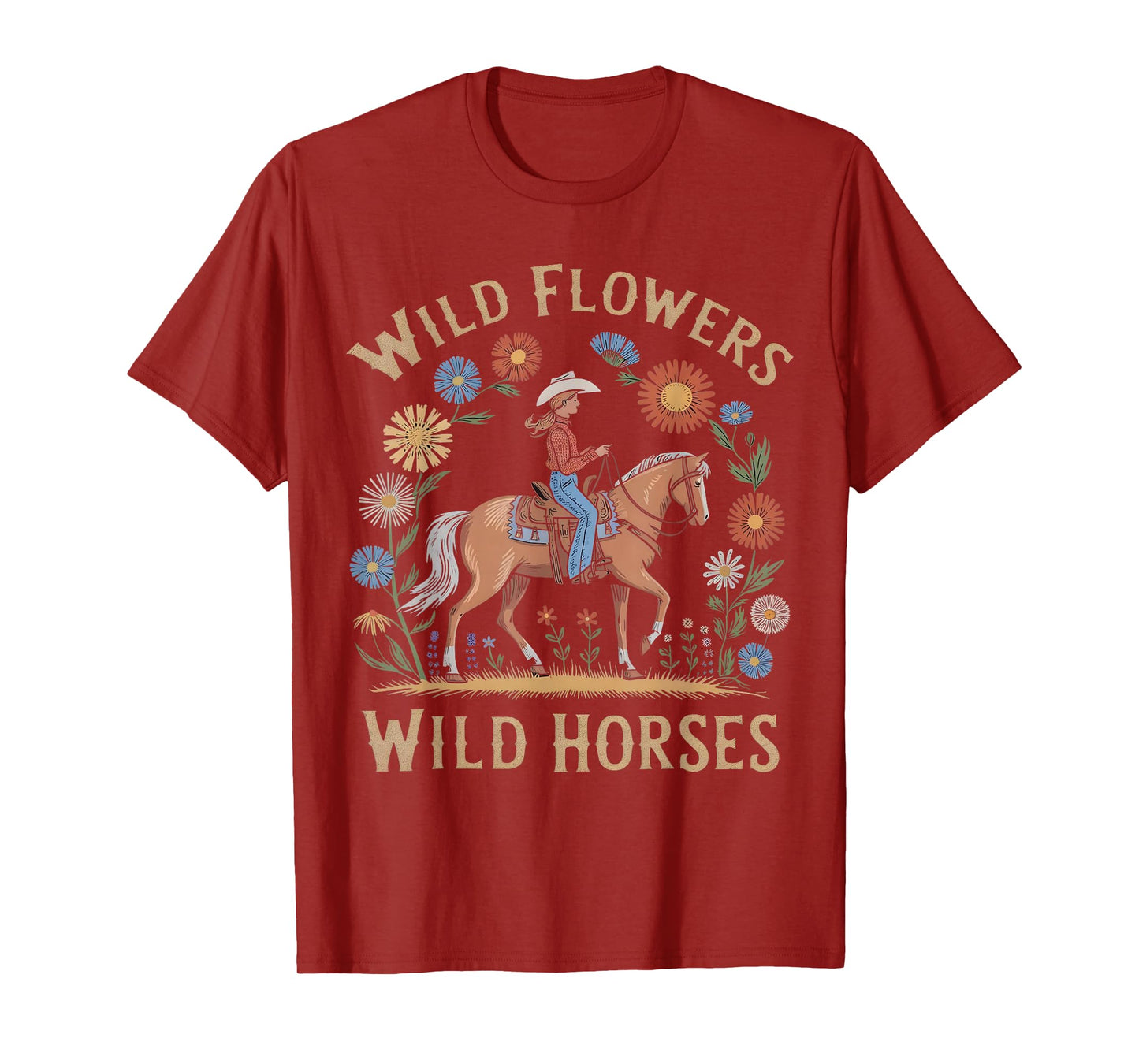 Retro Southern Sunset Wild Cowgirl Flowers - Wild Horses T-Shirt