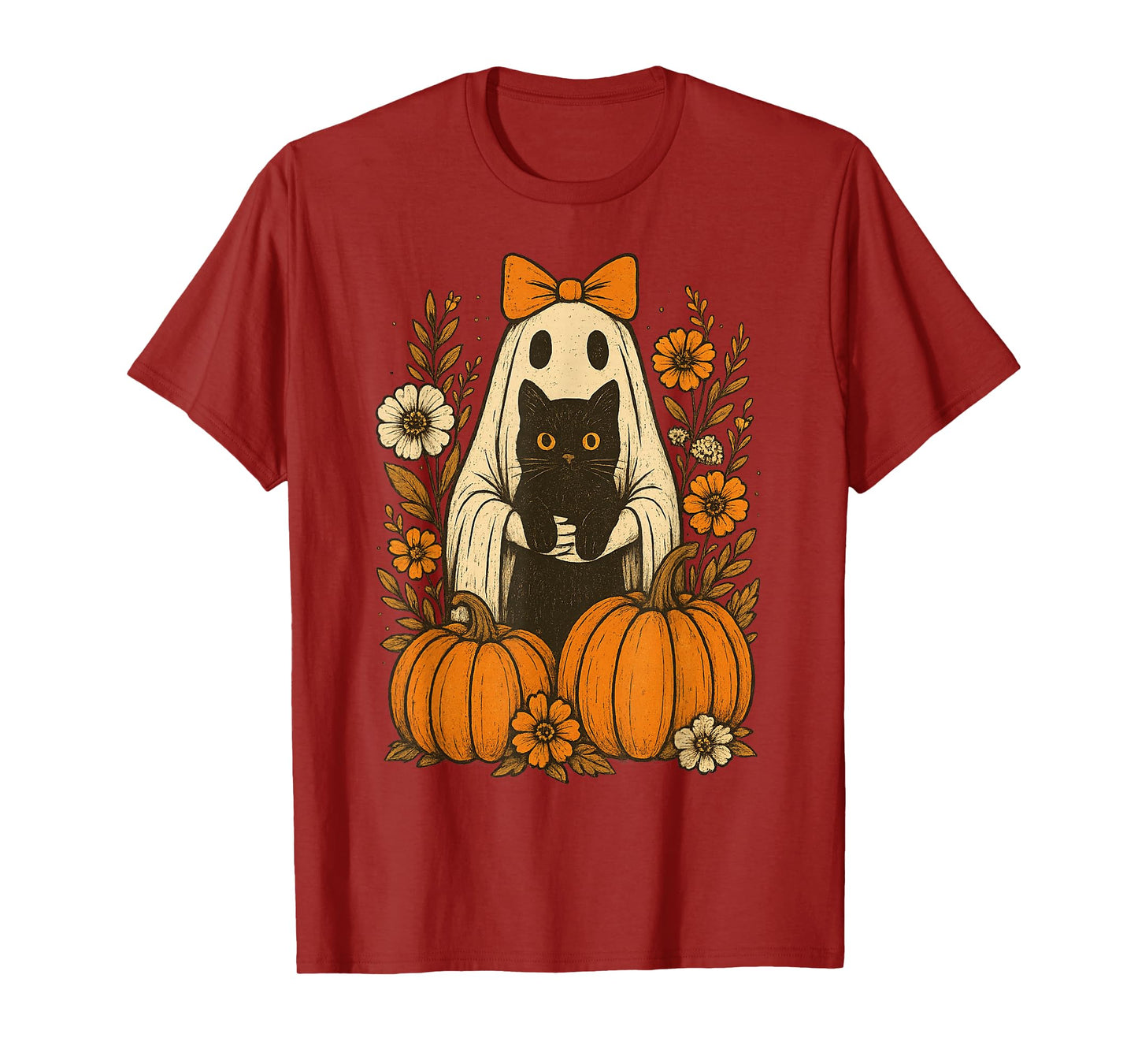 Vintage Halloween Ghost Holding Black Cat Groovy Floral T-Shirt