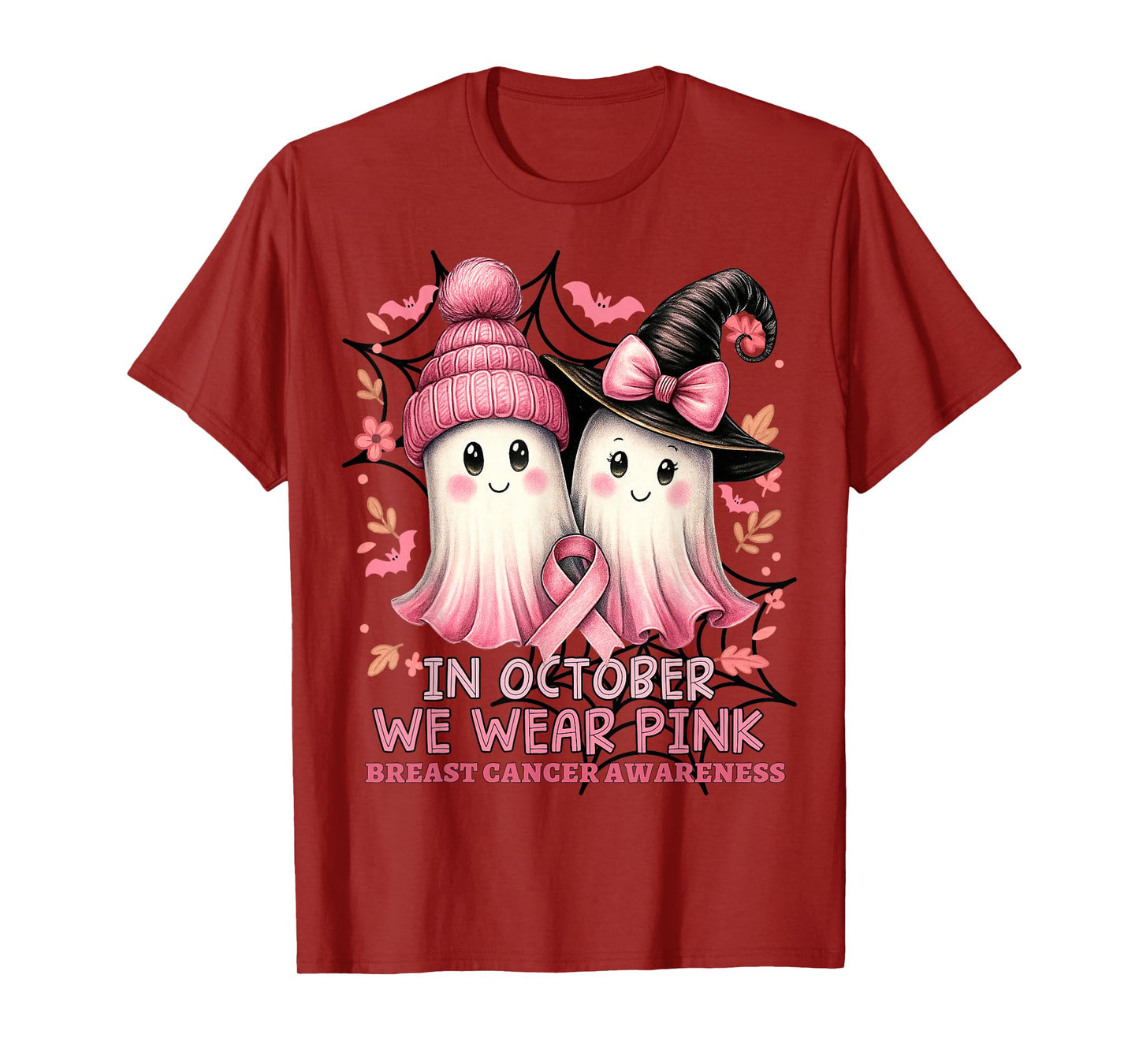 in October We Wear Pink Ghost Witch Breast Cancer Awareness T-Shirt