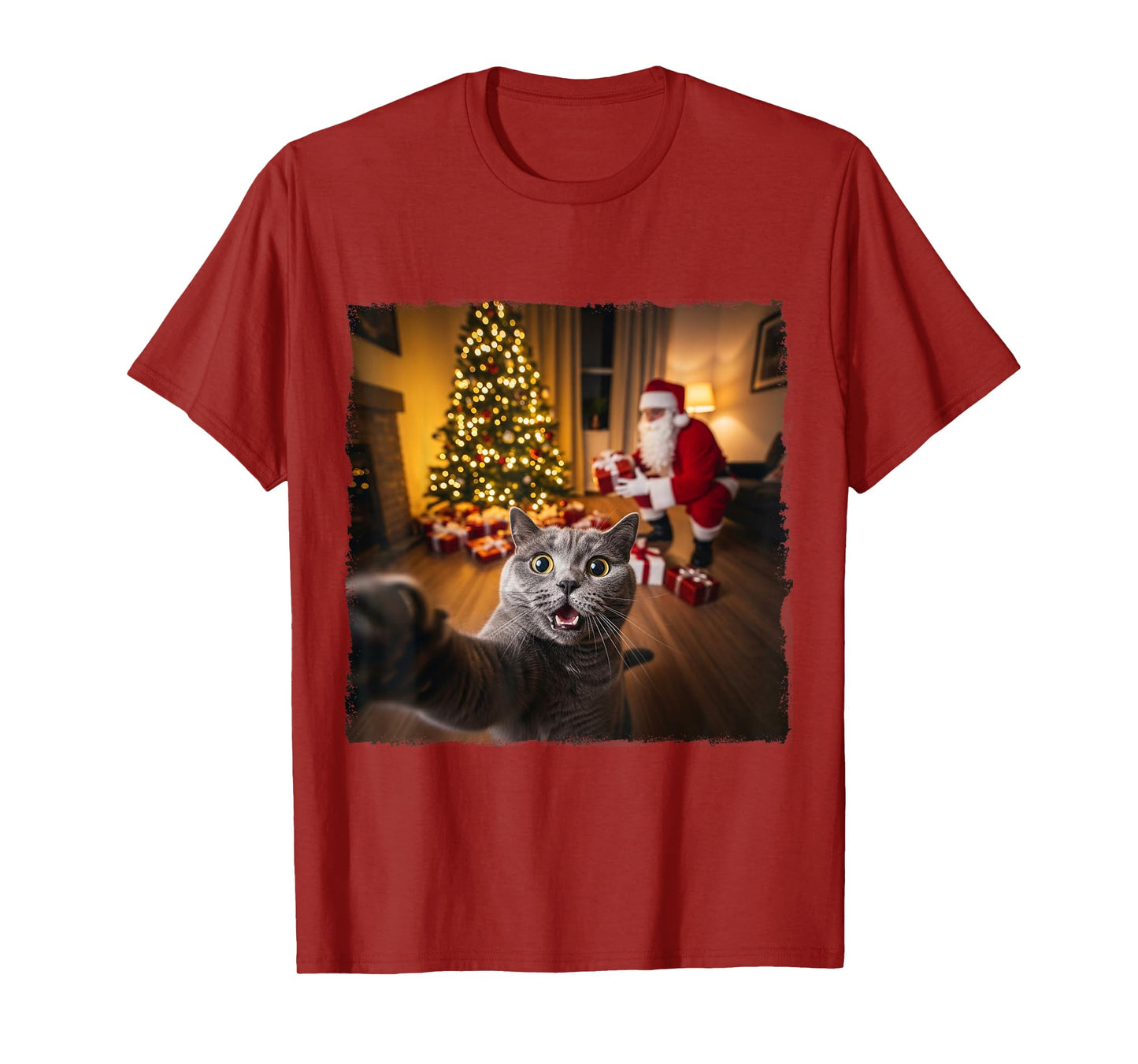 Xmas Cat Cute Selfie with Santa Claus Gifts Christmas Tree T-Shirt