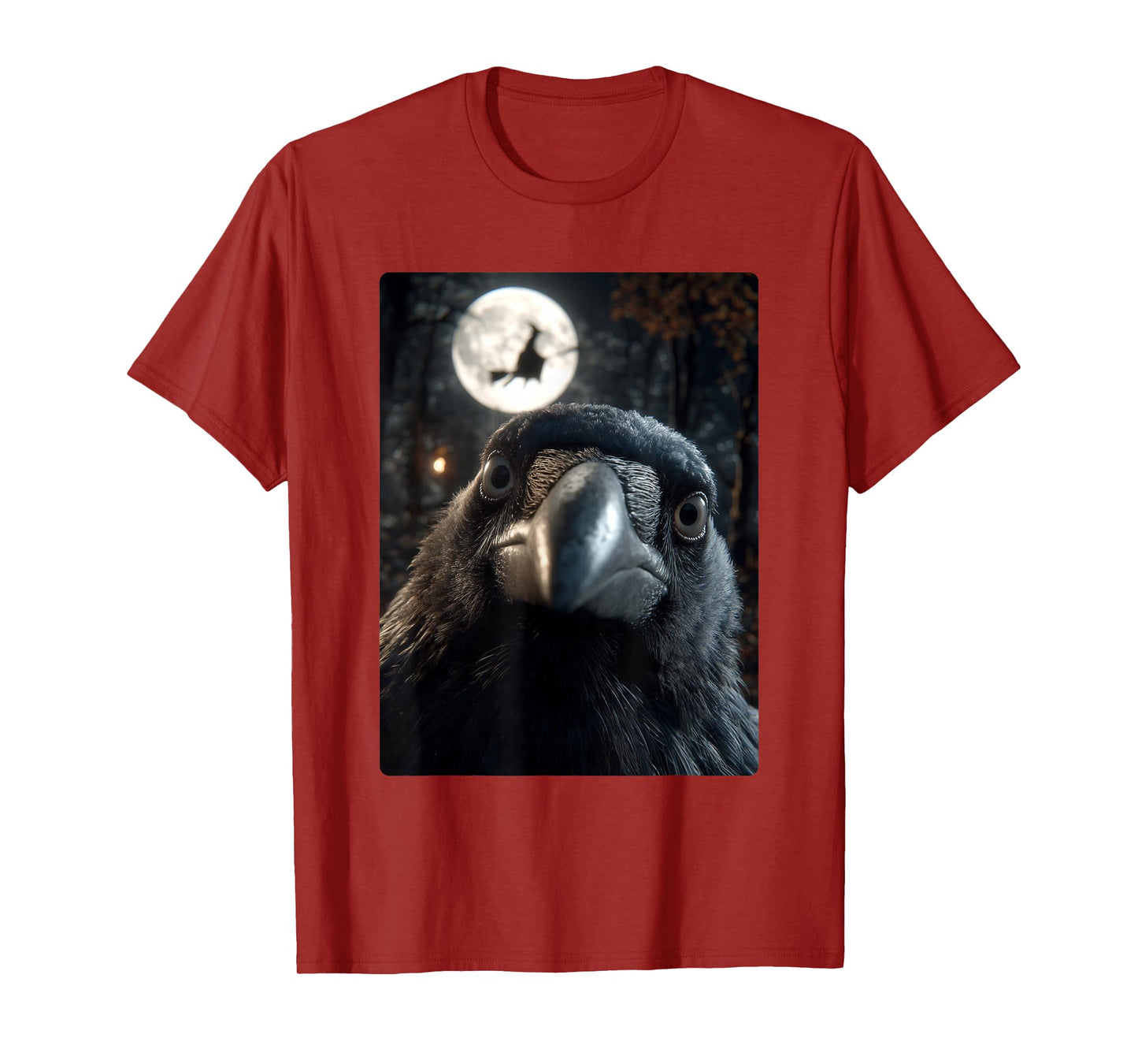 Funny Crow Selfie Full Moon Flying Witch Forest Halloween T-Shirt