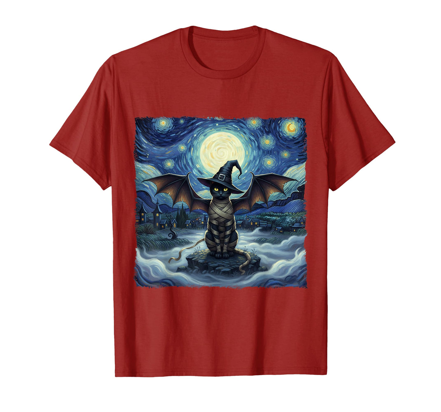Cat Halloween Cat Starry Night Vampire Cat with Bat Wings T-Shirt
