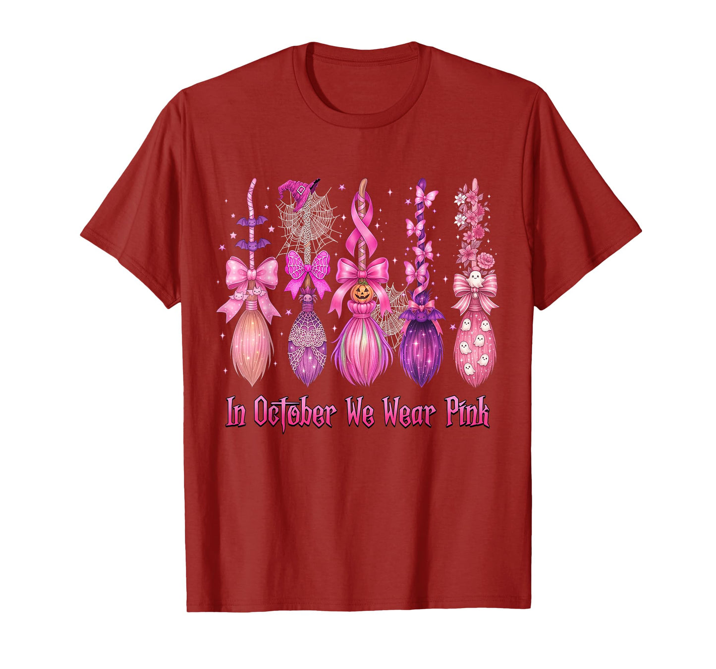 in October We Wear Pink Witch Broom Halloween Breast Cancer T-Shirt