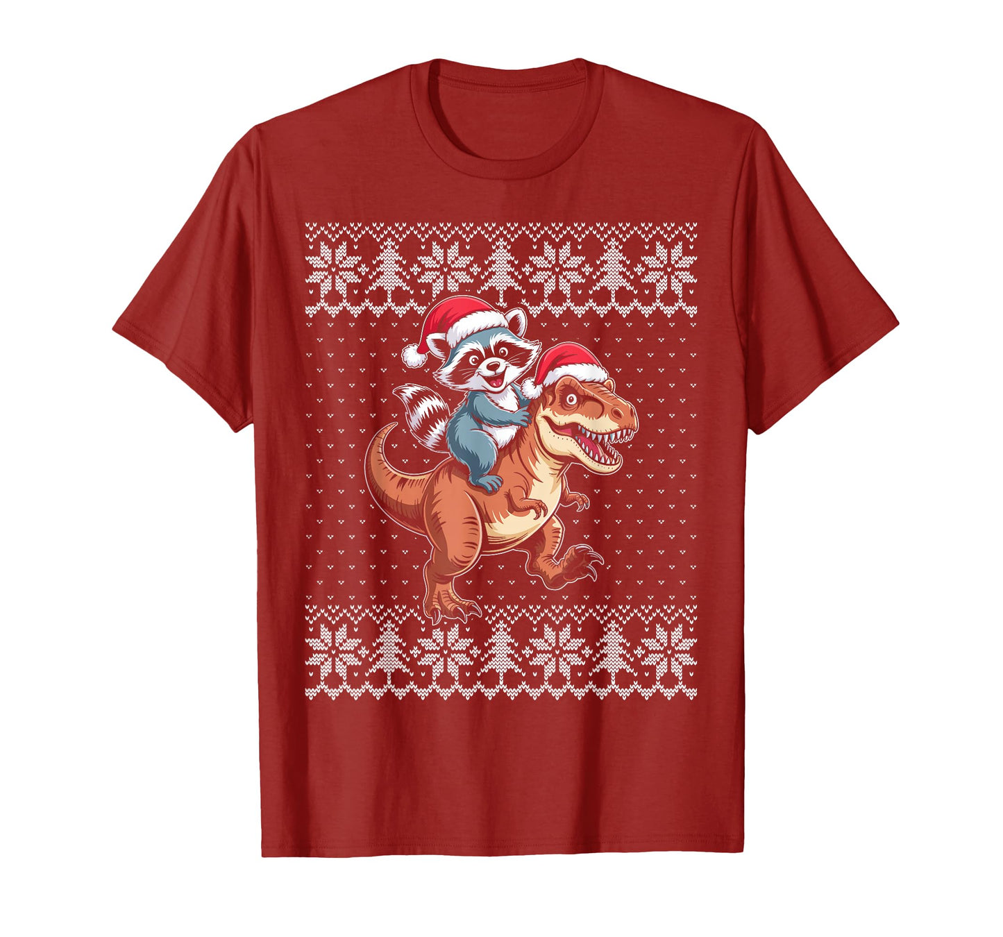 Raccoon Riding Dinosaur Ugly Christmas Sweater T-Shirt