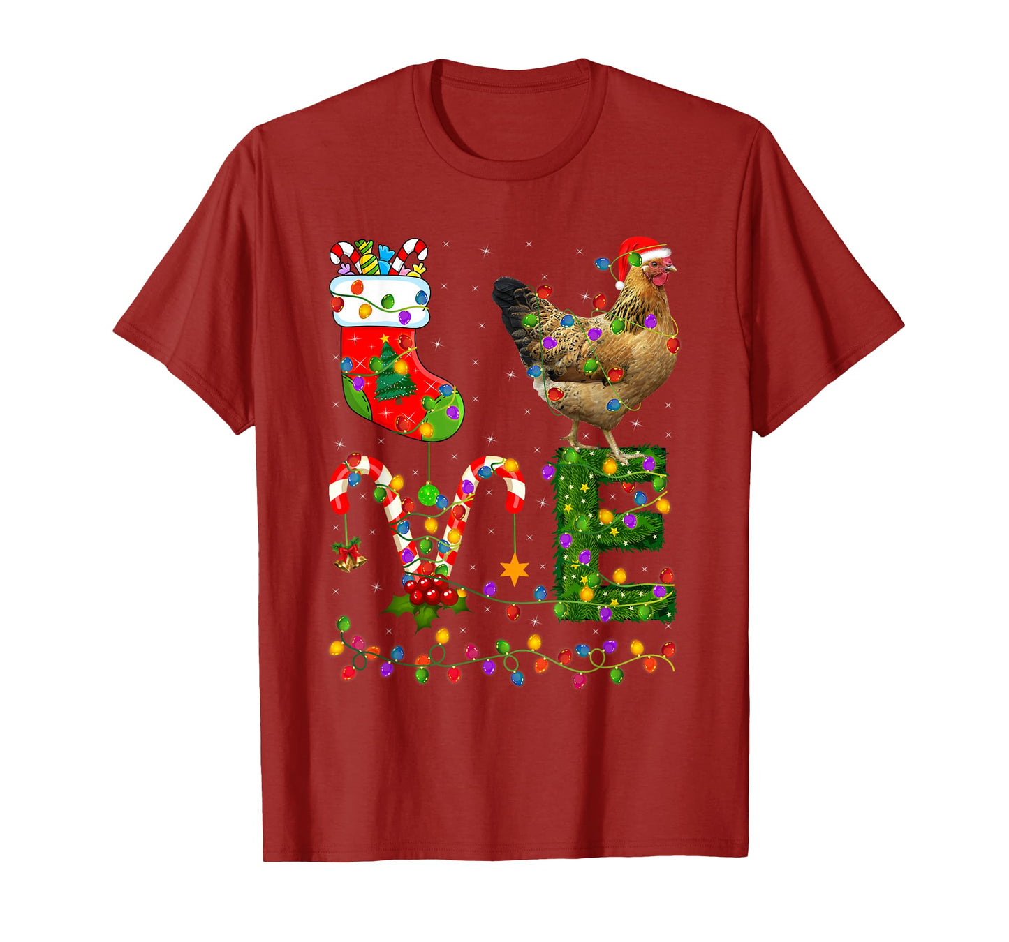 Love Chicken Christmas Lights Farm Animal Chicken Lover Xmas T-Shirt