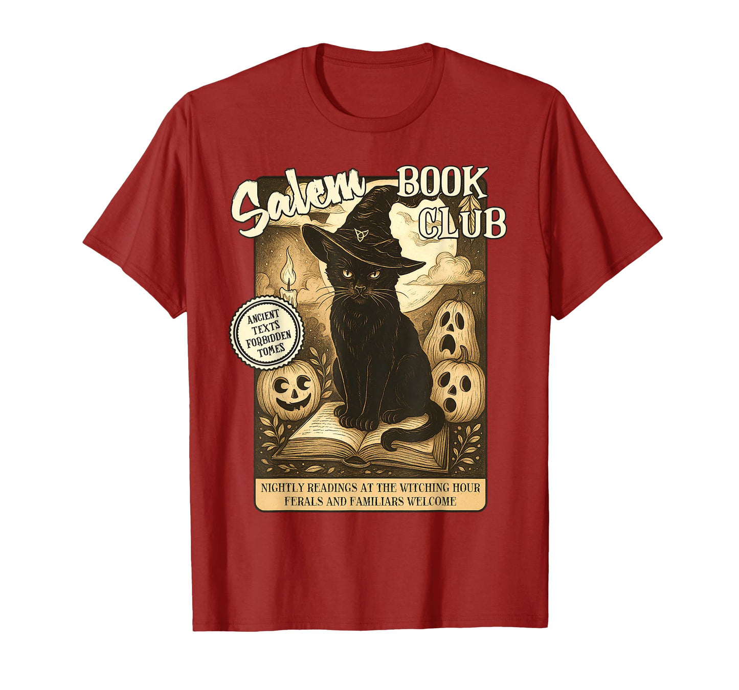 Retro Halloween Black Cat Salem Witch Book Club Bookish Men Women Kids T-Shirt