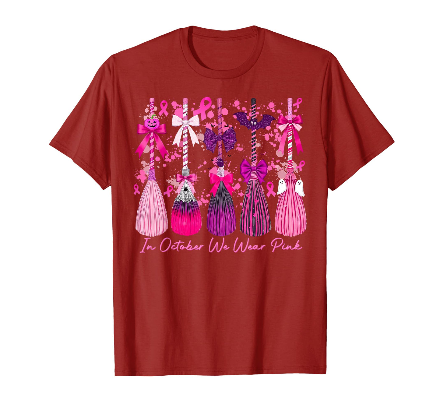 in October We Wear Pink Witch Broom Breast Cancer Halloween T-Shirt