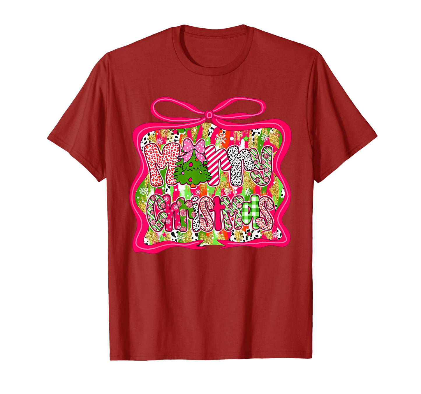 Preppy Coquette Bow Merry Christmas Girl Women Colorful T-Shirt