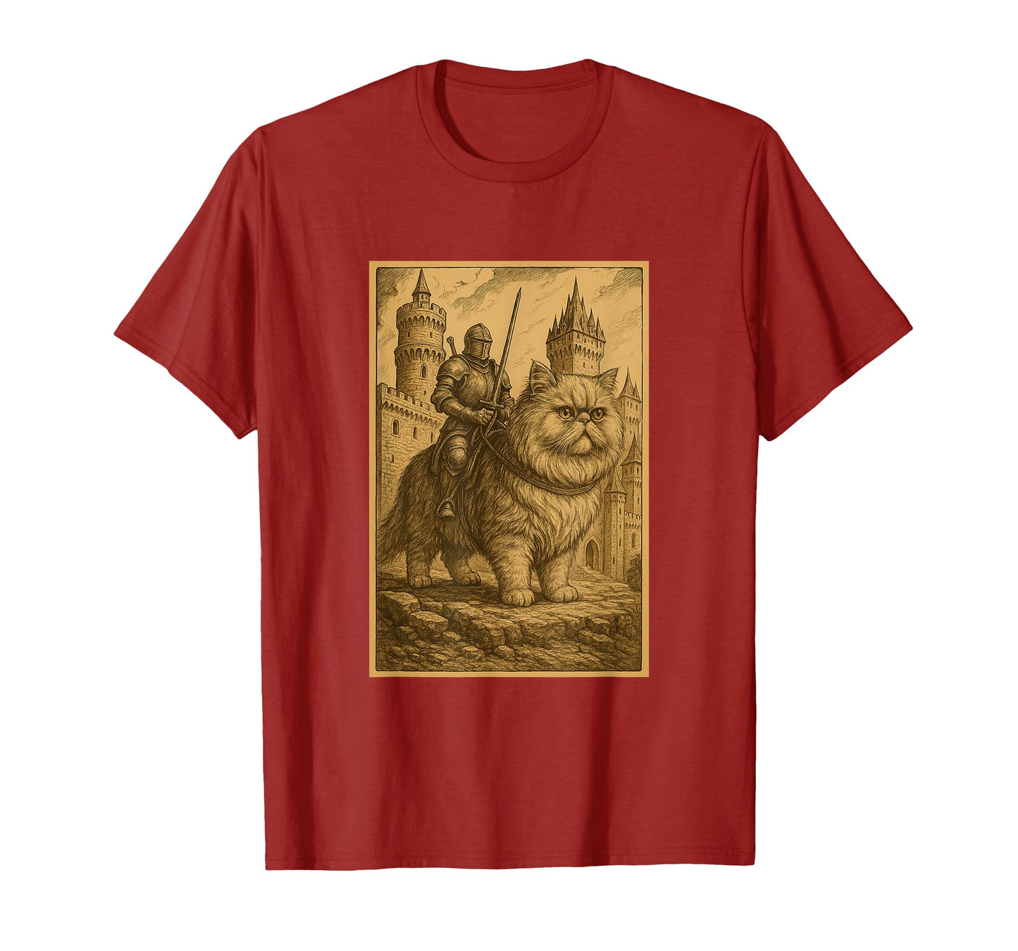 Medieval Knight Riding a Persian Cat Rider Surreal Feline T-Shirt