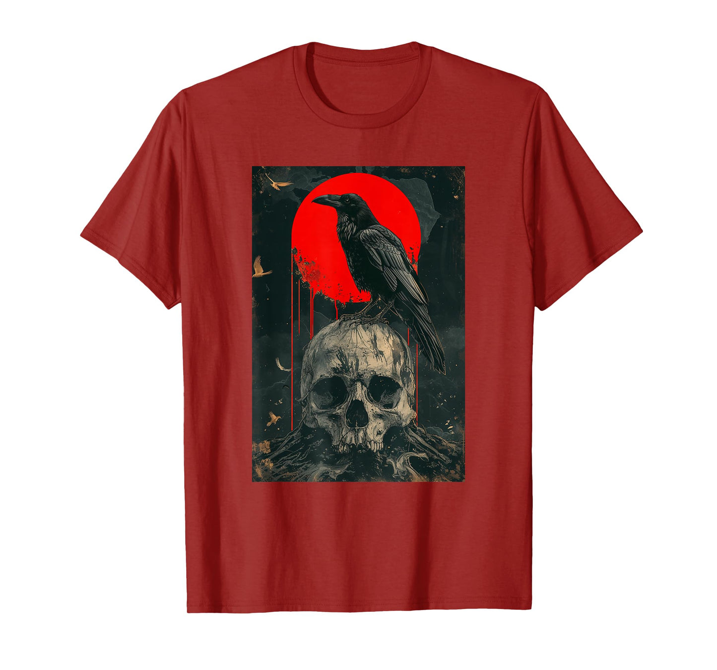 Red Moon Black Gothic Raven Skull Graphic Black Crow T-Shirt