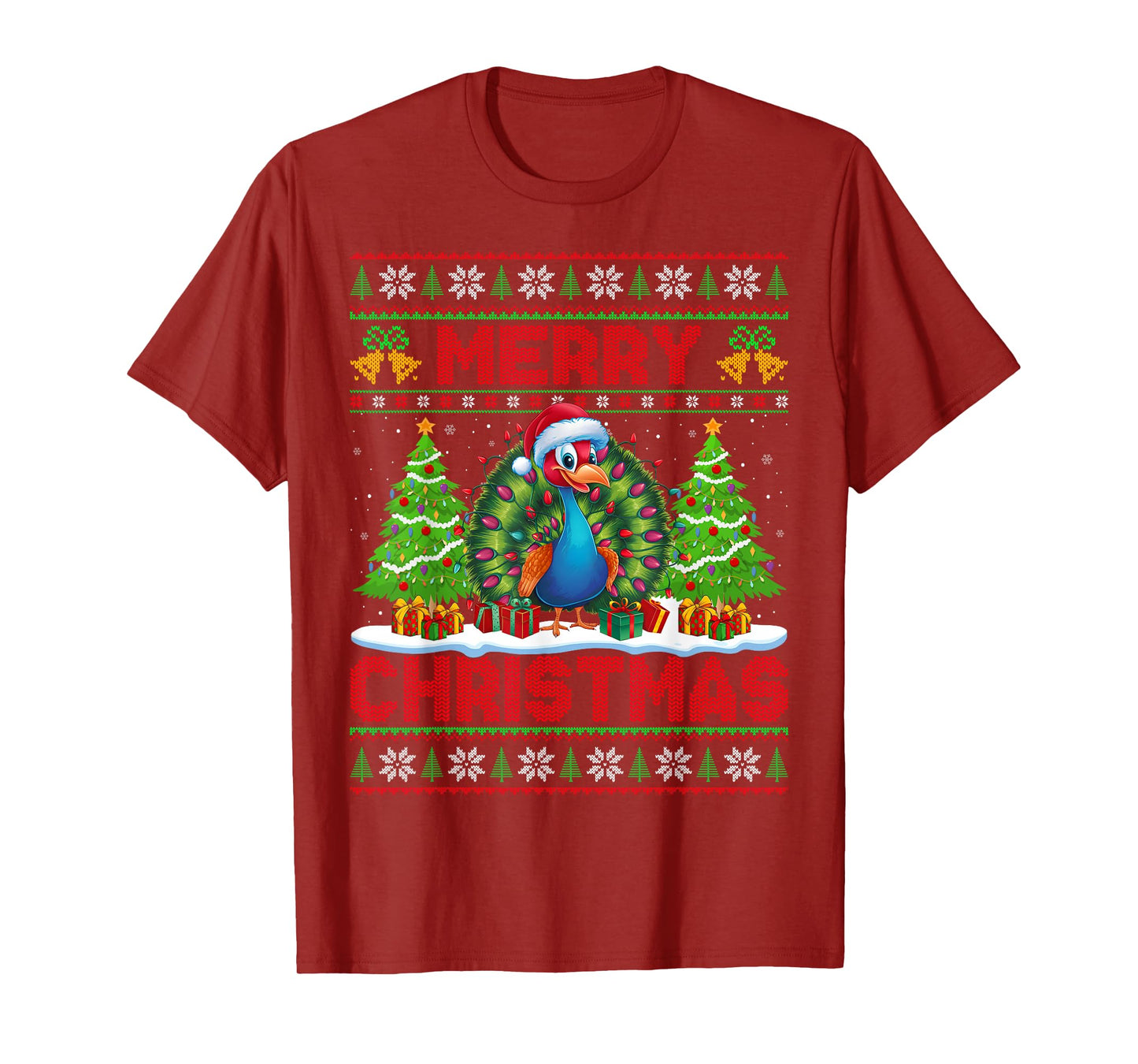 Peacock Bird Ugly Christmas Sweaters Funny Santa Lights Xmas T-Shirt