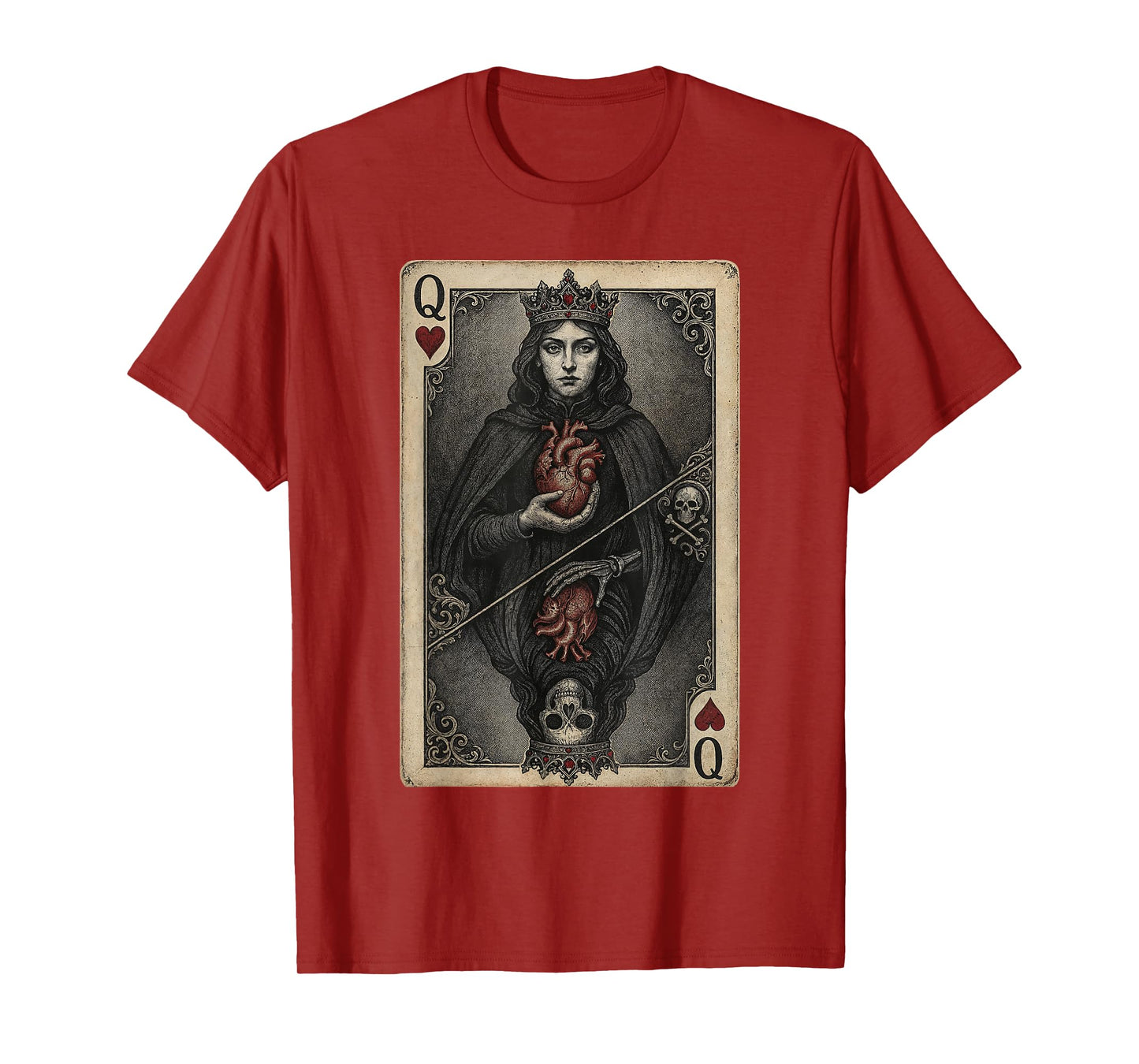 Vintage Gothic Queen of Hearts Playing Card Dark Fantasy Art T-Shirt
