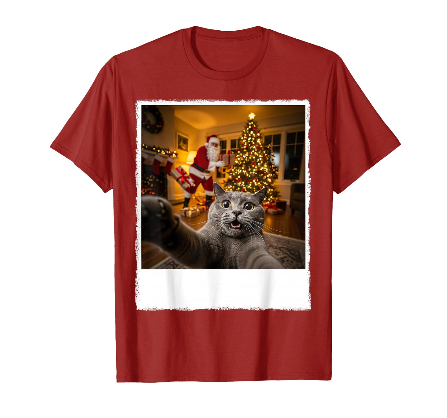 Funny Grey Cat Selfie with Santa Claus Gifts Christmas Night T-Shirt