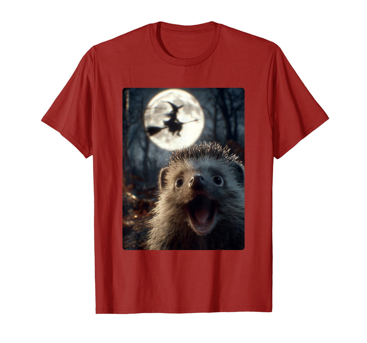 Funny Hedgehog Selfie with Full Moon Flying Witch Halloween T-Shirt