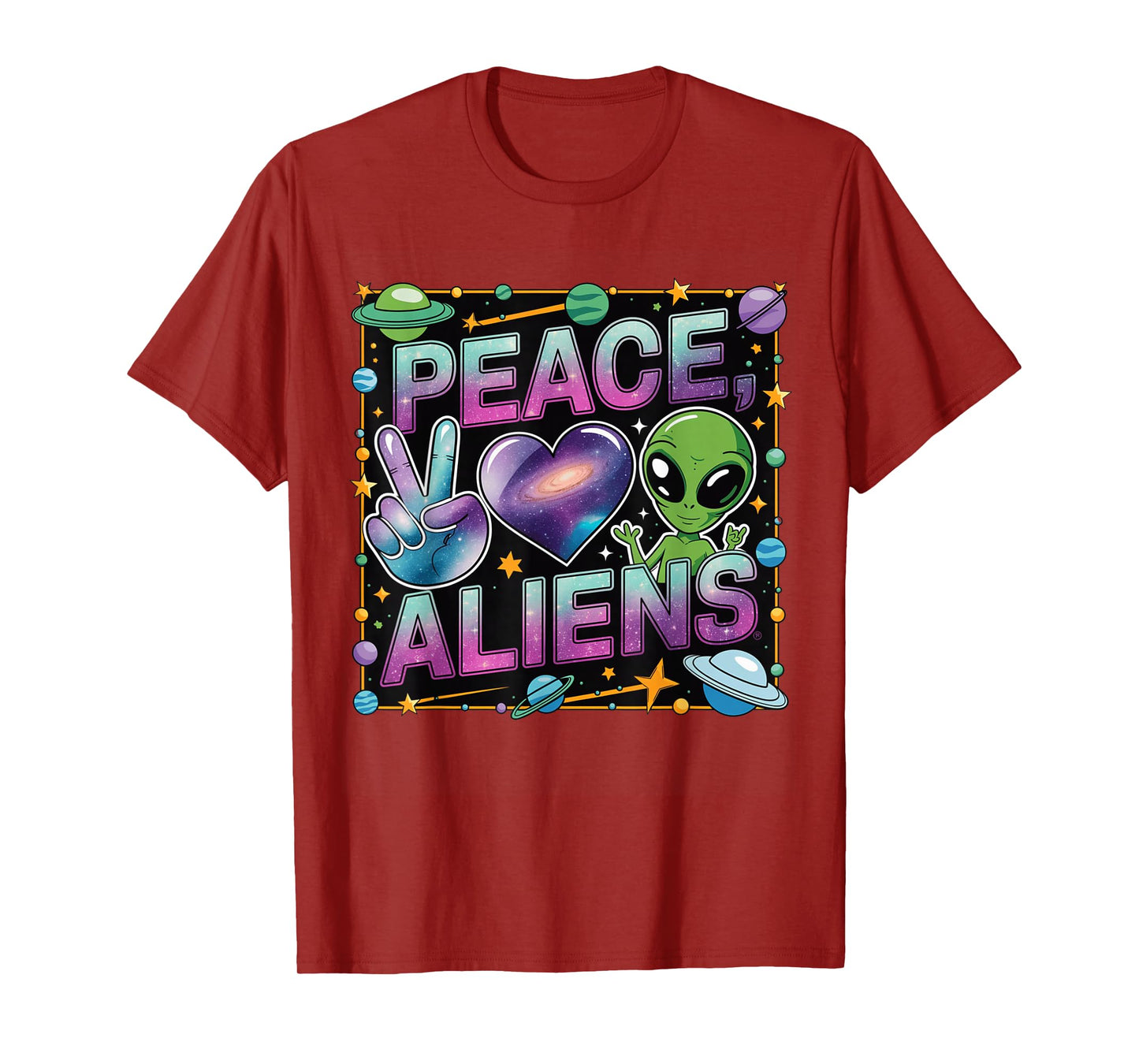 Peace Love Aliens Cool Funny Retro Vintage UFO UAP Alien T-Shirt