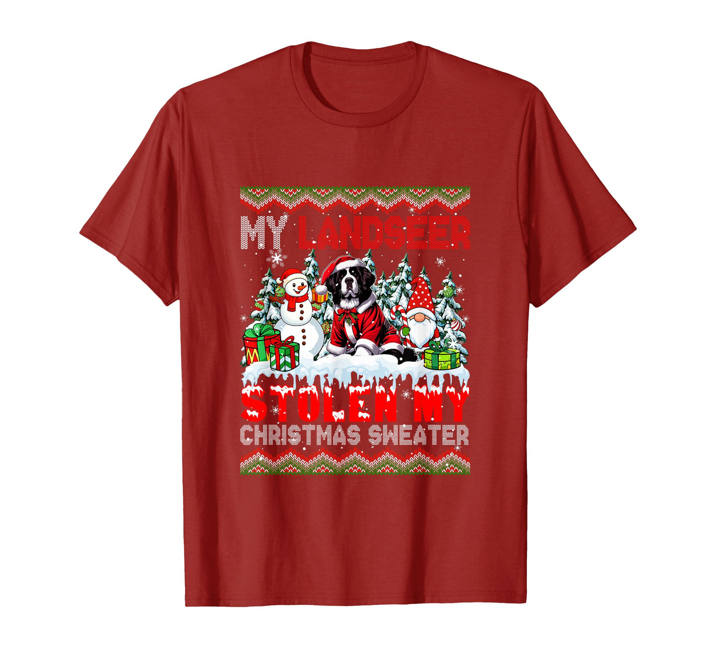 My Landseer Stolen My Christmas Sweater Santa Dog Gnome T-Shirt