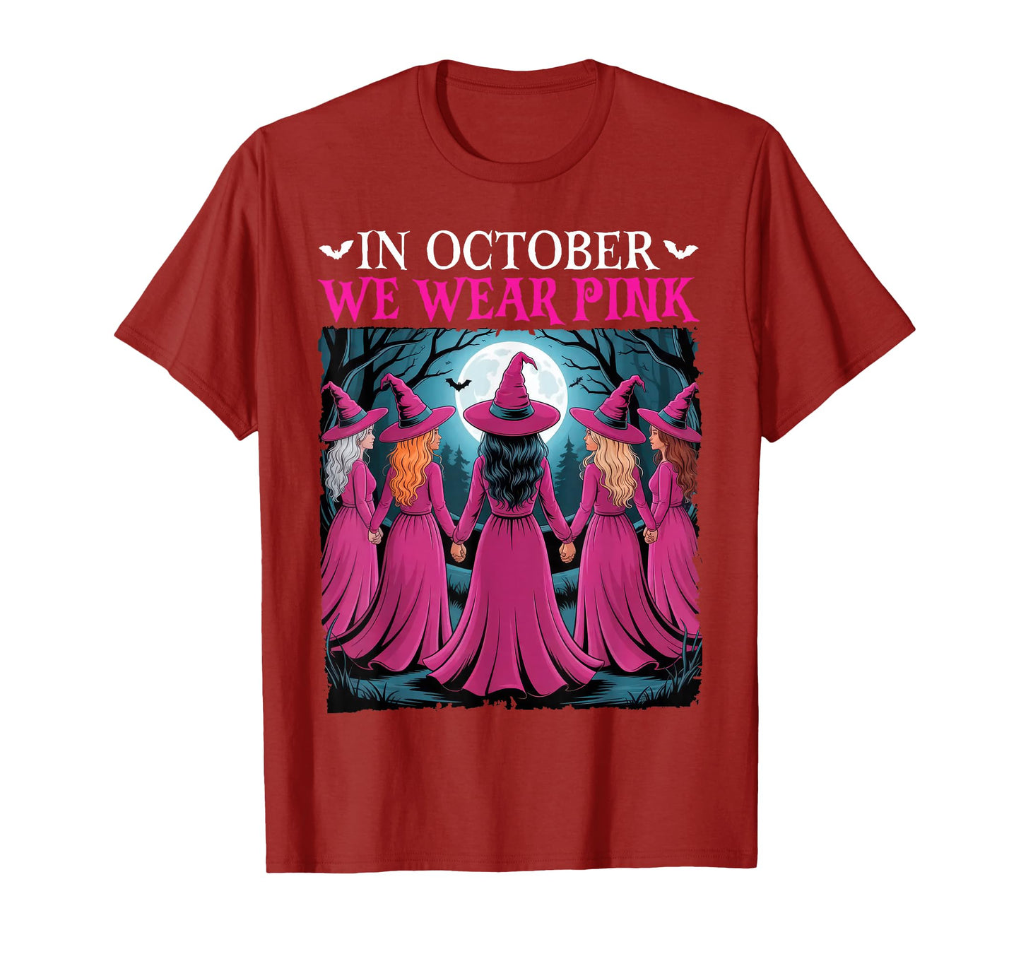 in October We Wear Pink Witch Halloween Breast Cancer Women T-Shirt
