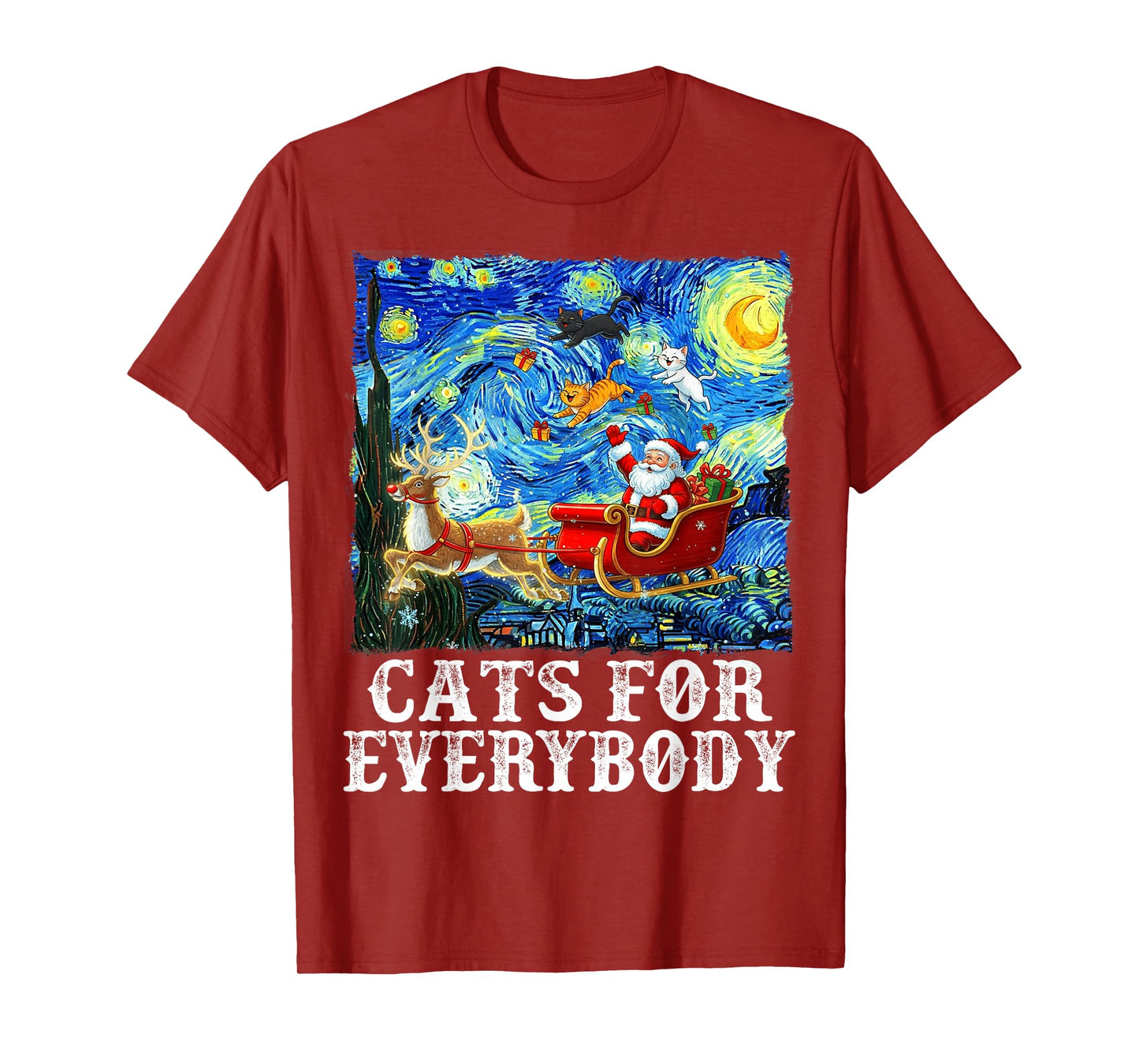 Santa Sleigh Christmas Cats for Everybody Starry Night Xmas T-Shirt