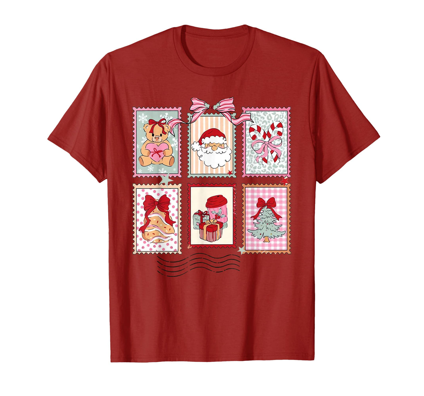 Pink Coquette Girly Vintage Christmas Stamp Santa Claus Xmas T-Shirt