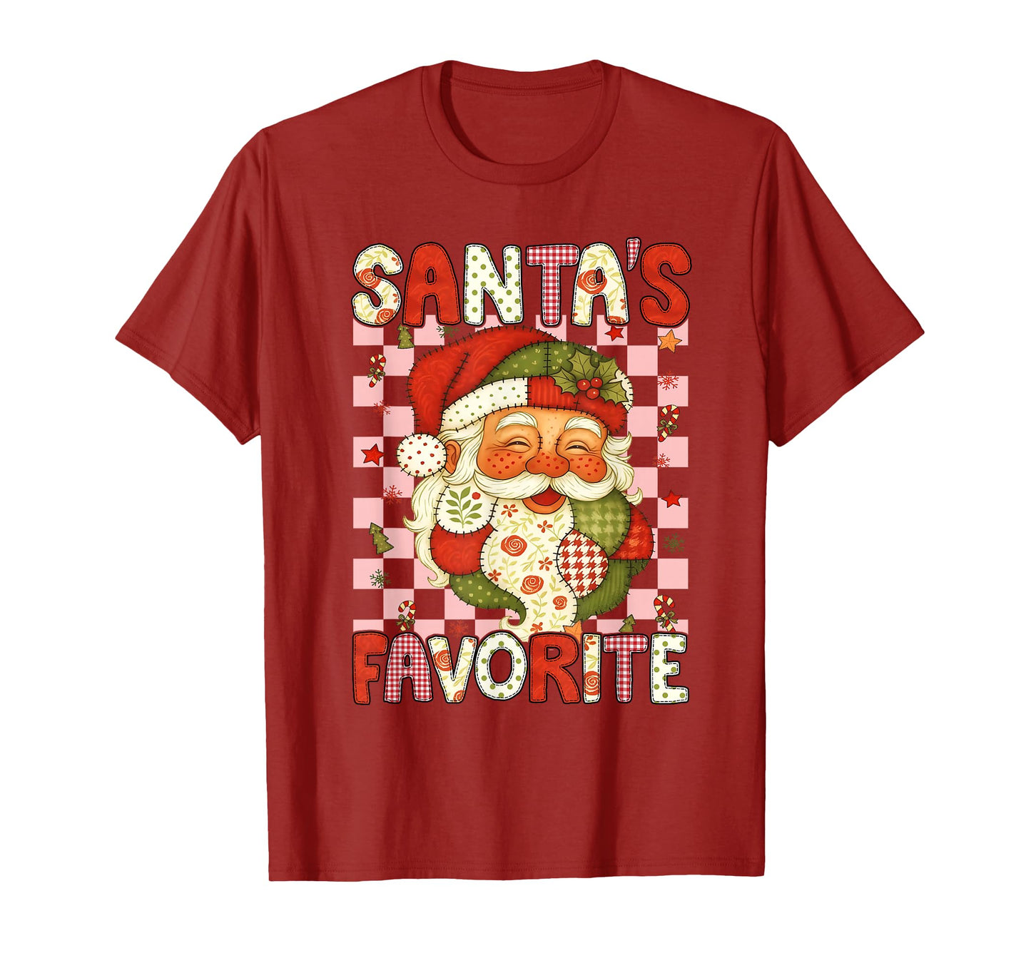 Santa's Favorite Patchwork Santa Face Vintage Christmas Folk T-Shirt