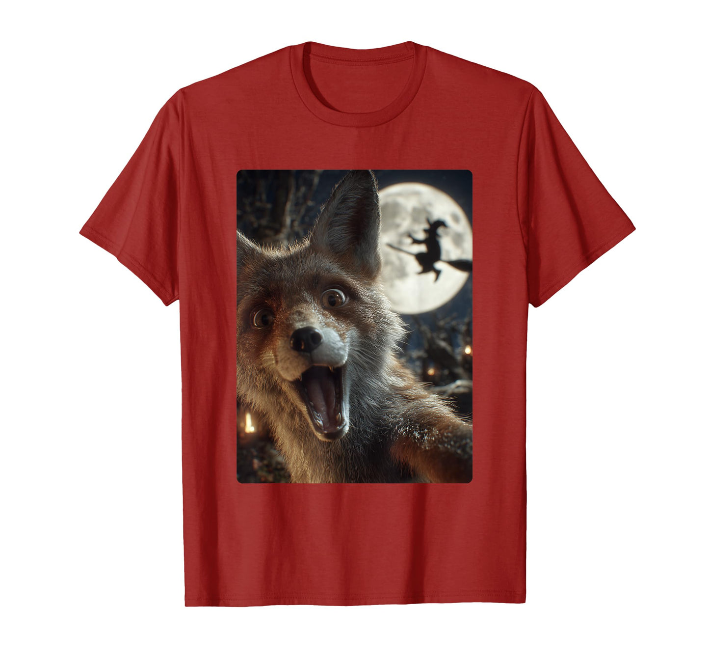 Funny Fox Selfie Full Moon Flying Witch Forest Halloween T-Shirt