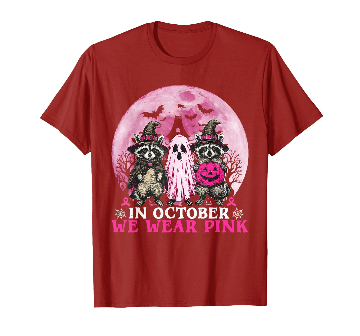 Ghost and Witch Raccoon in October We Wear Pink Halloween T-Shirt