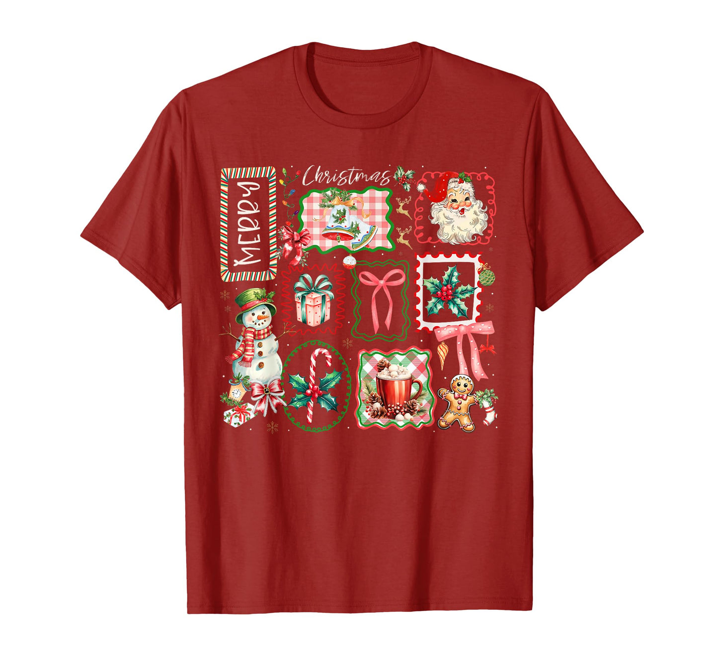 Merry Christmas Santa Snowman Candy Cane Gingerbread Bow T-Shirt