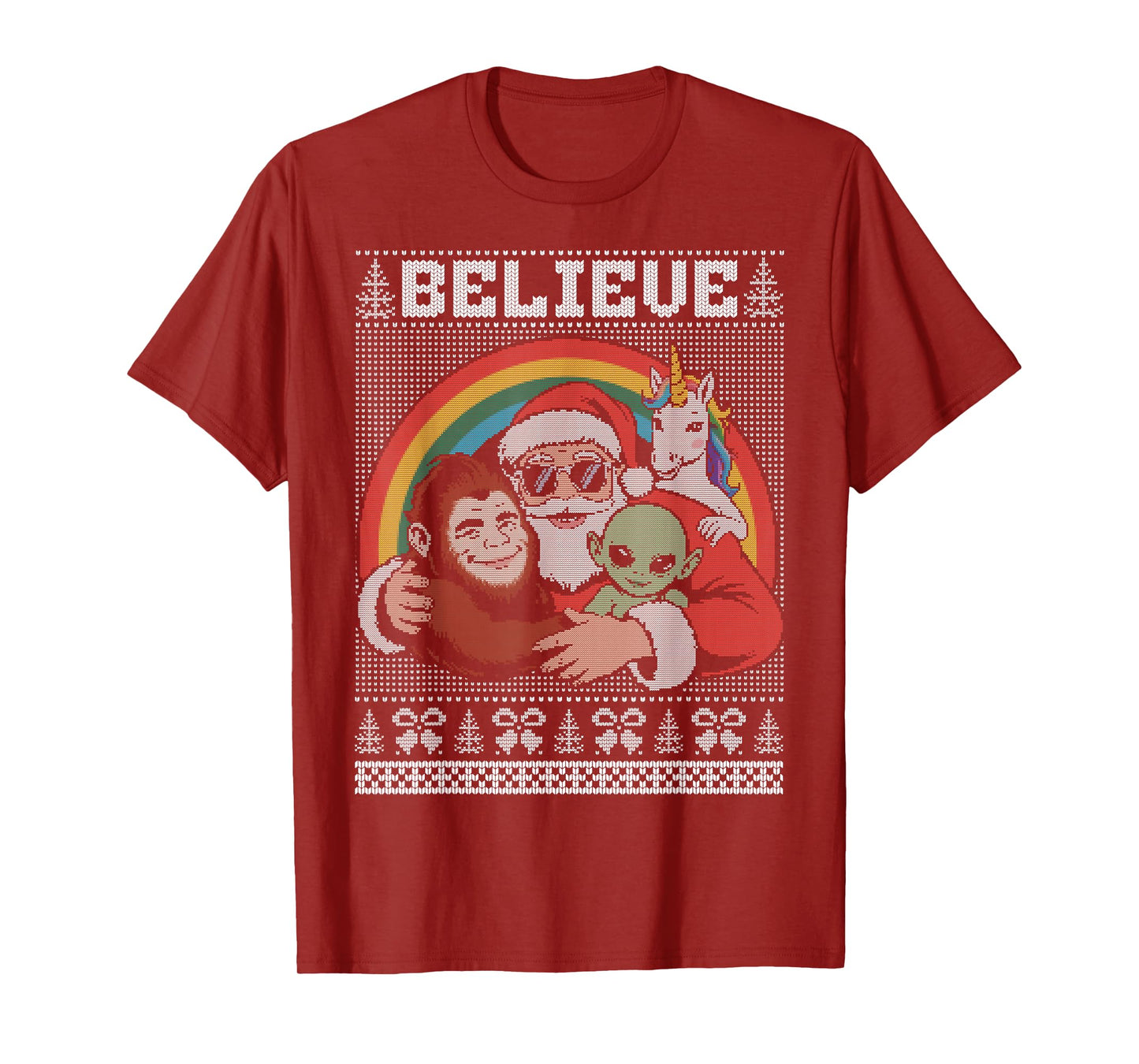 Believe, Santa Bigfoot Alien Unicorn Christmas Ugly Sweater T-Shirt