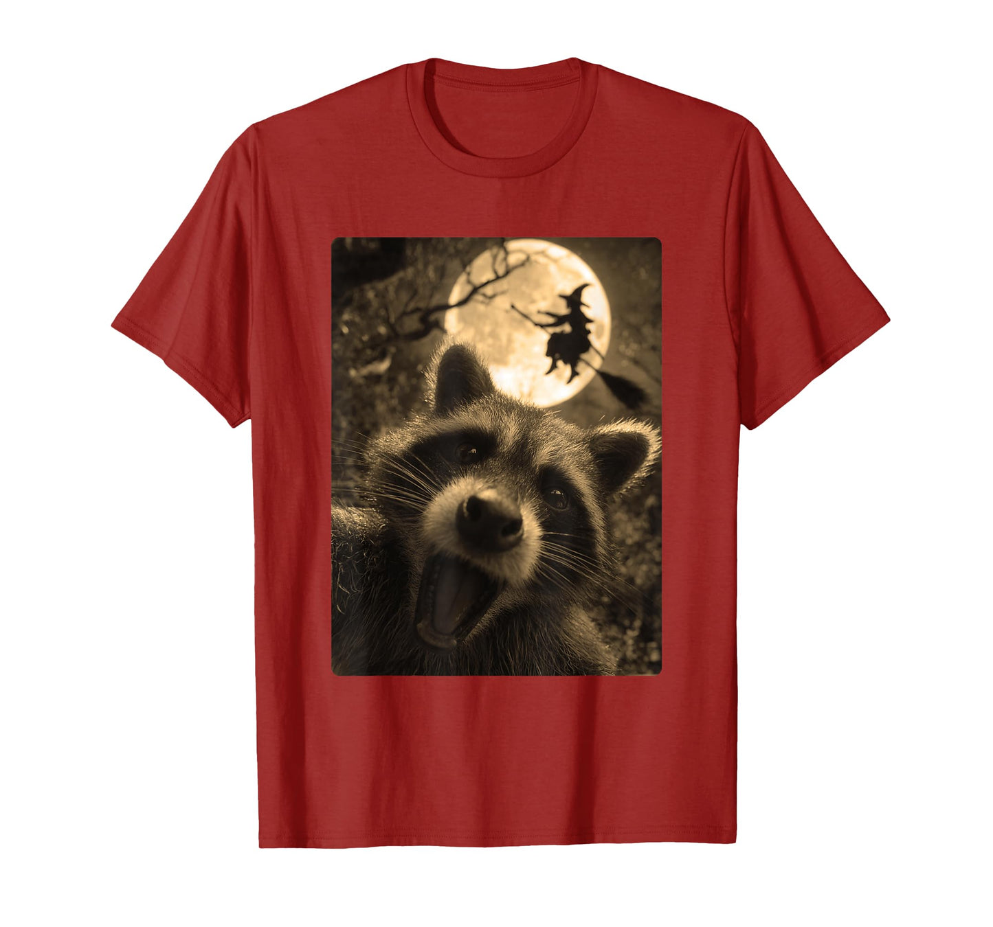 Funny Raccoon Selfie Full Moon Flying Witch Forest Halloween T-Shirt