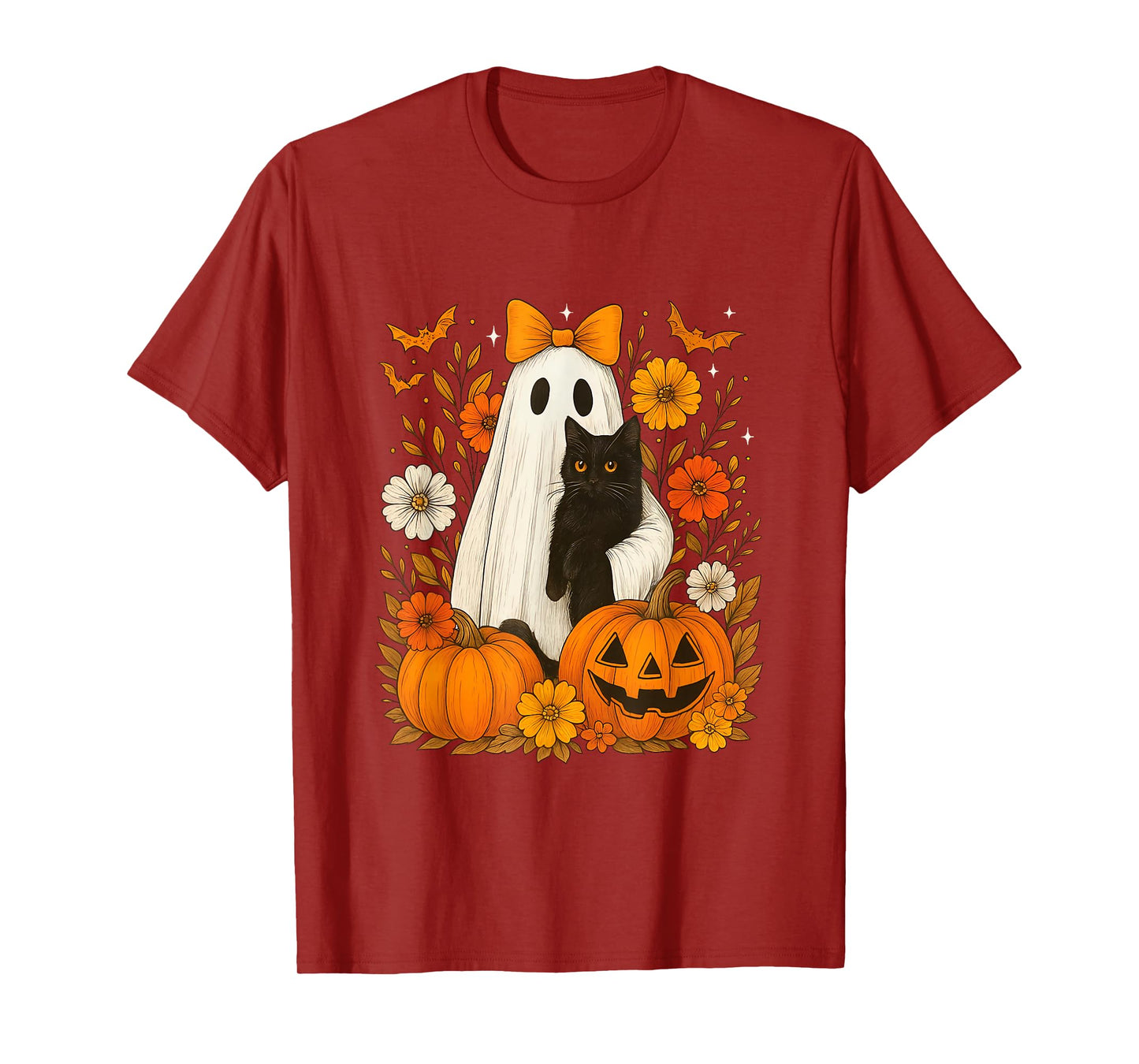 Spooky Ghost Holding Black Cat Groovy Floral Halloween Goth T-Shirt