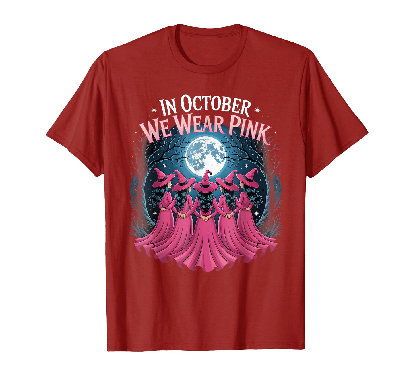 in October We Wear Pink Ribbon Witch Halloween Breast Cancer T-Shirt