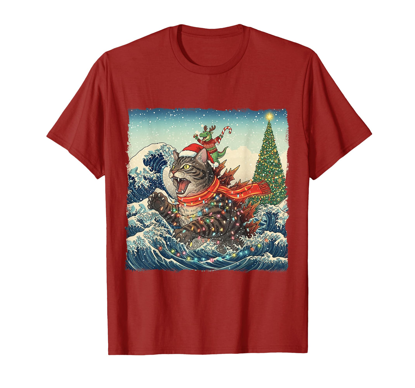Cat Spooky Catzilla Japanese with Dino T-Rex Christmas Wave T-Shirt