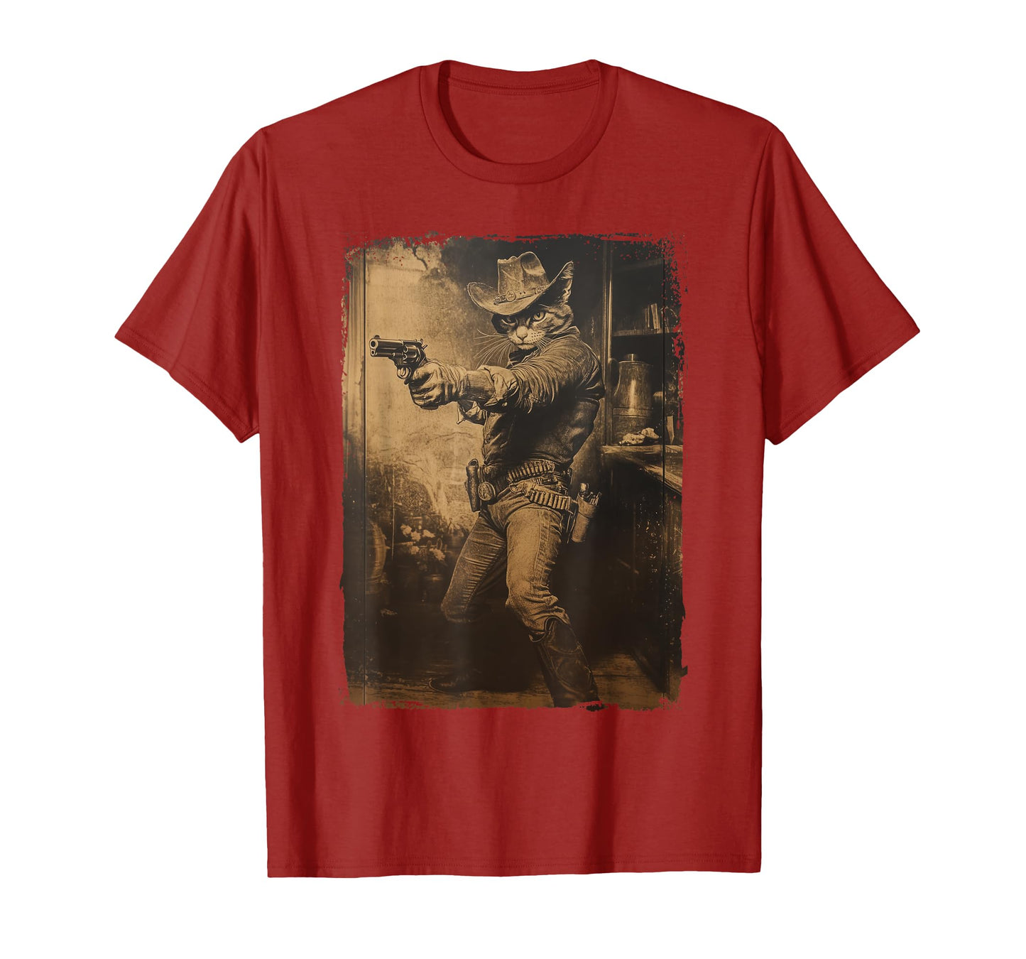 Vintage Cowboy Cat with Revolver Gunslinger Wild West Outlaw T-Shirt