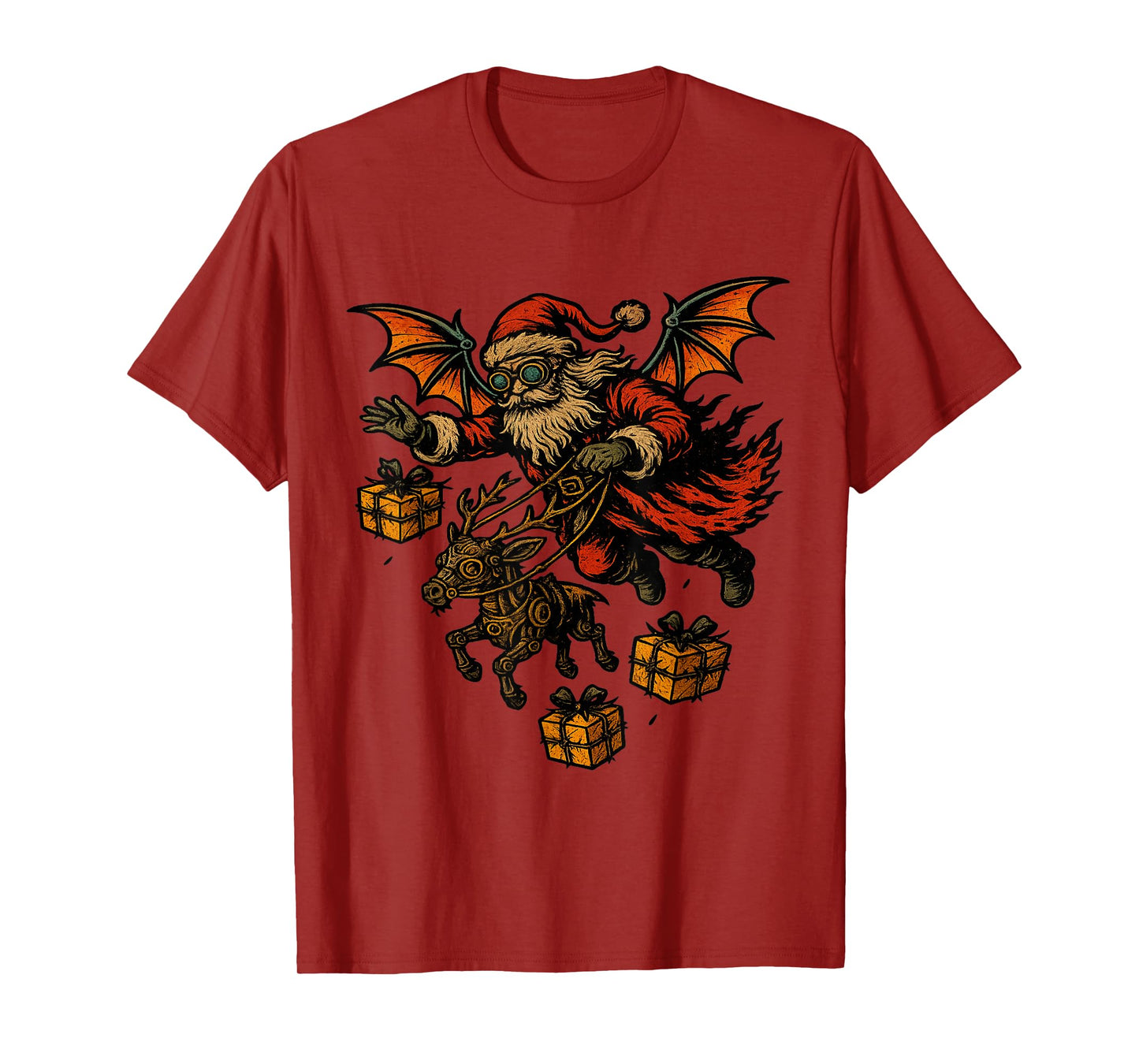 Gothic Santa with Bat Wings Robot Reindeer T-Shirt