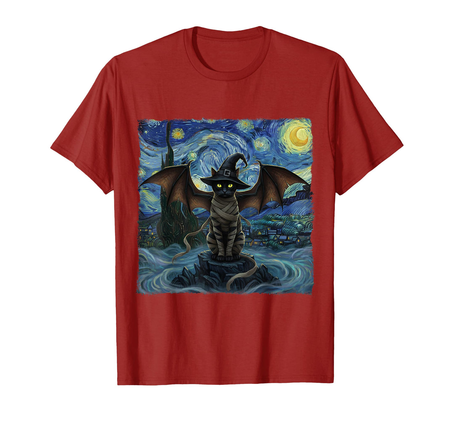 Vampire Cat with Bat Wings Cat Starry Night Cat Halloween T-Shirt