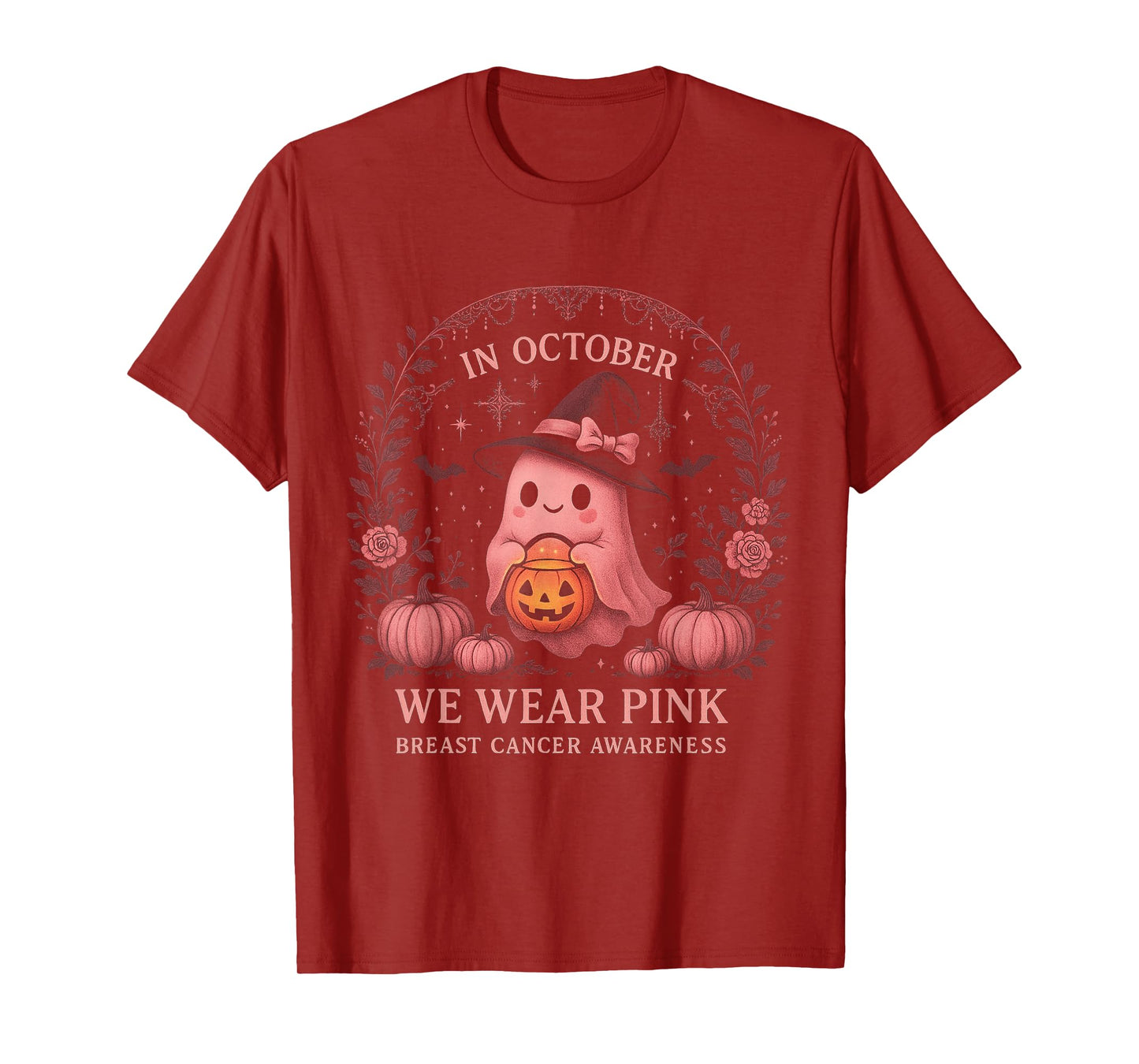 in October We Wear Pink Breast Cancer Awareness Ghost T-Shirt