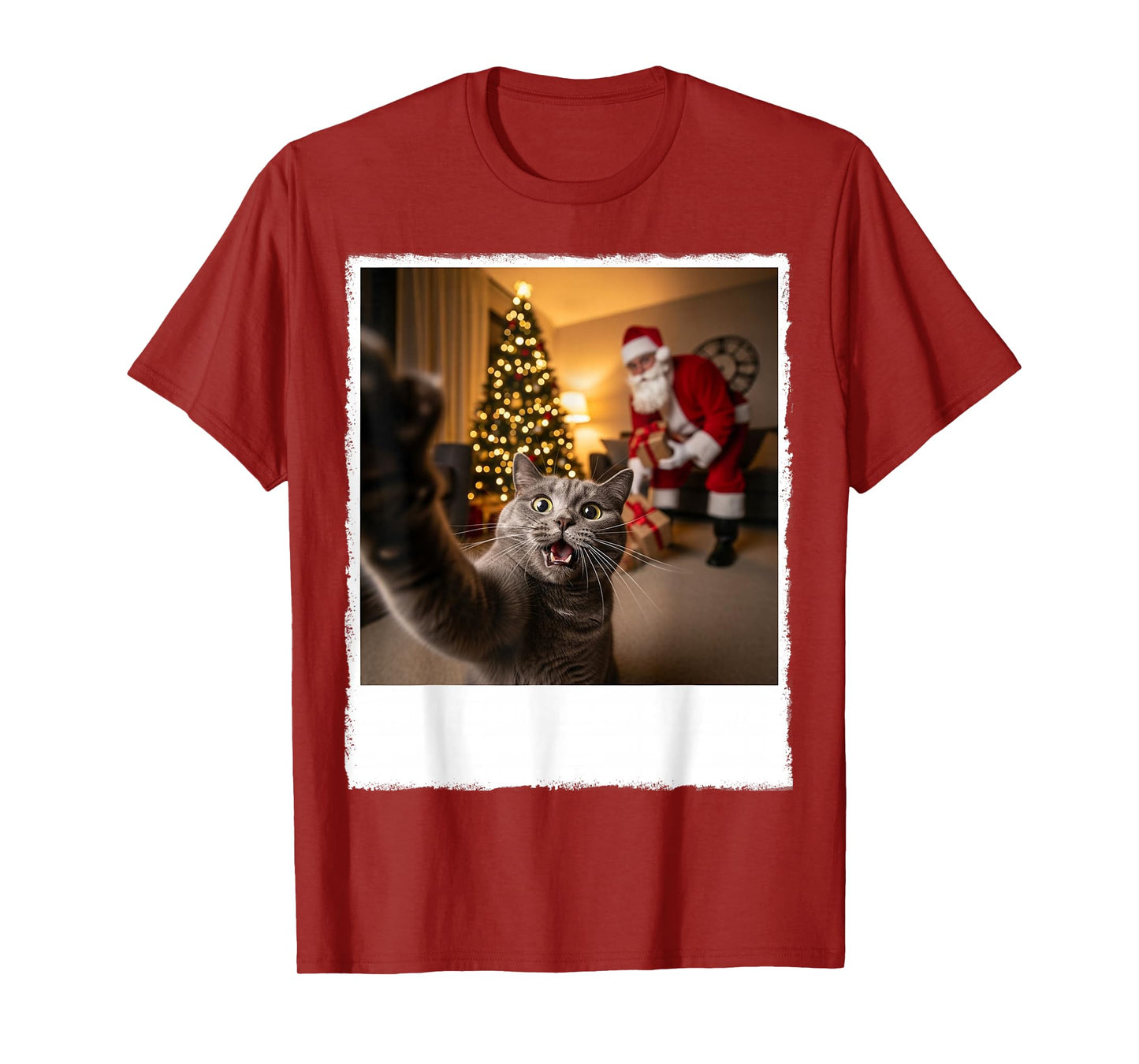 Funny Xmas Grey Cat Selfie with Santa Gifts Claus Christmas T-Shirt