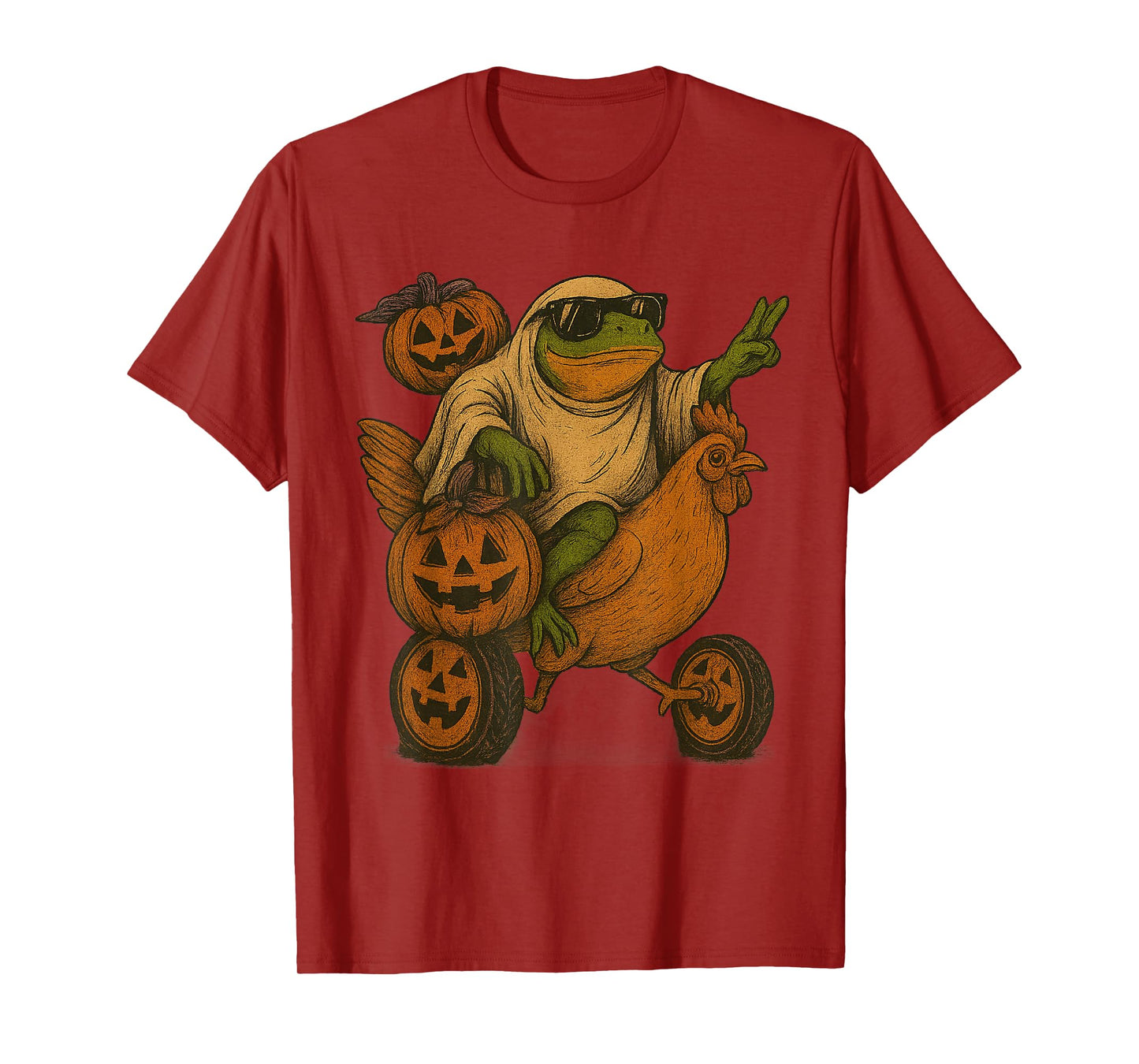 Funny Frog Costume Riding Chicken Meme Halloween Pumpkin T-Shirt
