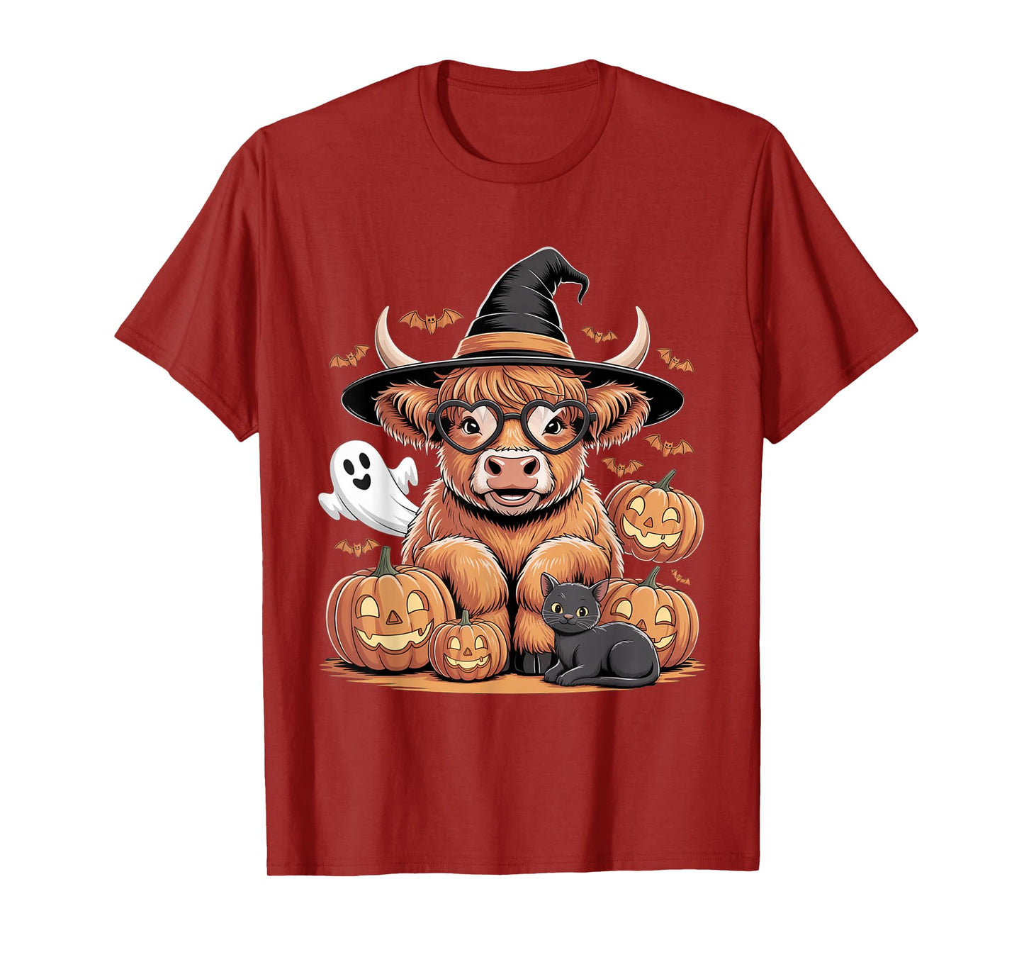 Cute Highland Cow Witch Halloween Pumpkin Black Cat Ghost T-Shirt