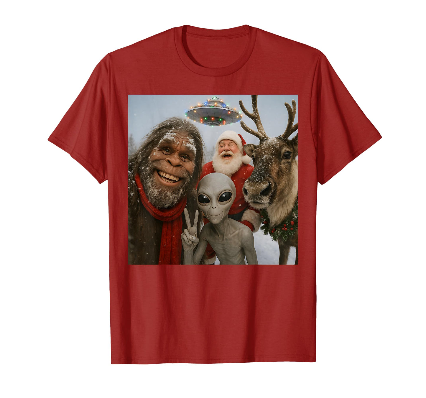 Funny Bigfoot Alien UFO Santa Reindeer Christmas T-Shirt