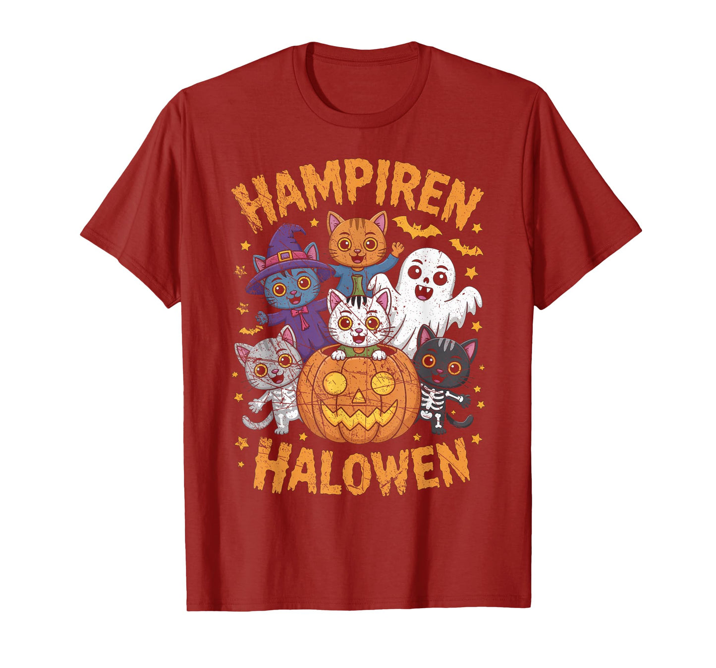 Vampire Ghost Zombie Witch Cats in Pumpkin Cute Halloween T-Shirt