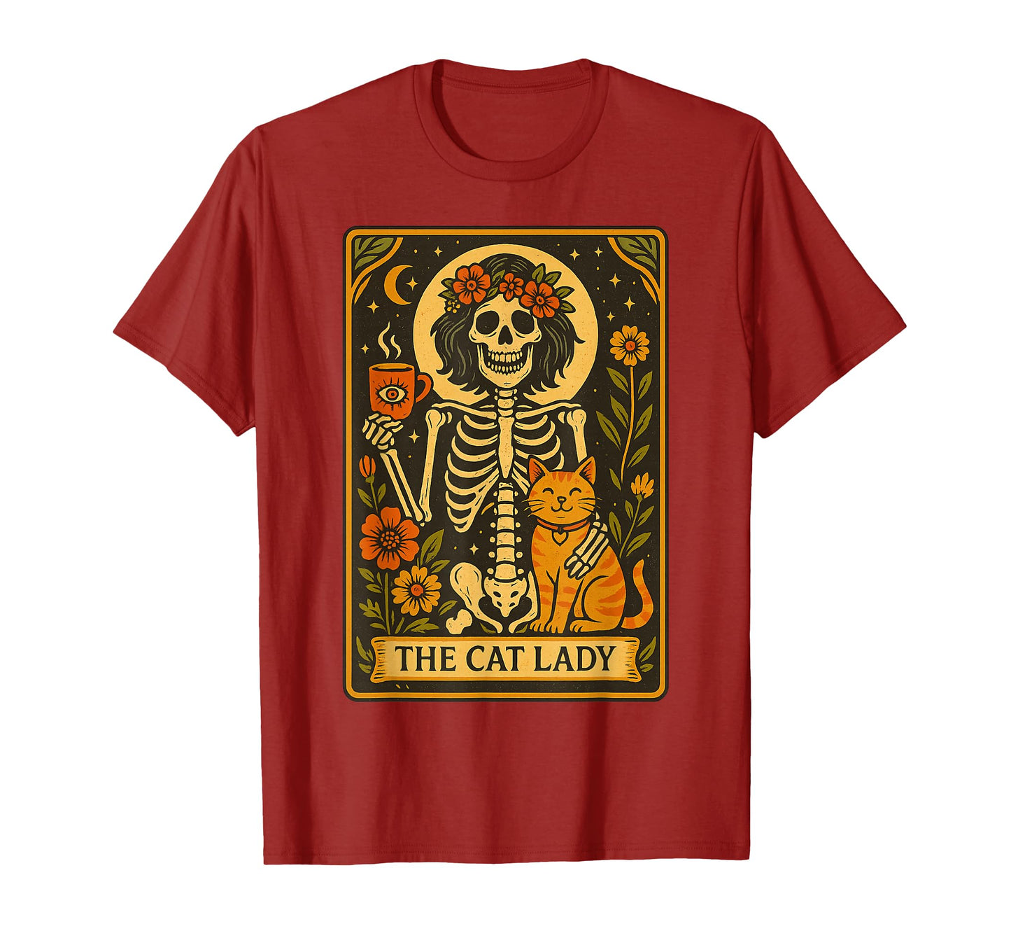 Mystic Skeleton The Cat Lady with Coffee Tarot Card Vibes T-Shirt